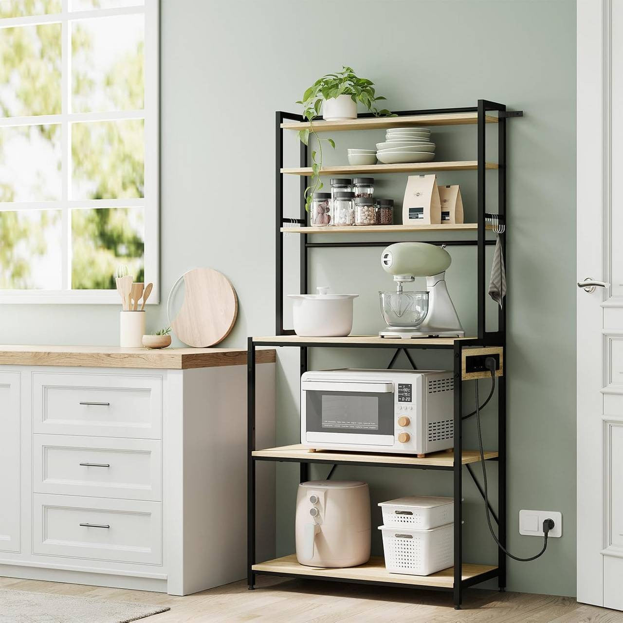 24goodz Kitchen Shelf with Power Outlets - Spacious Storage with 6 Shelves - Sturdy Metal Frame - For Kitchen Enthusiasts - Light Oak + Black