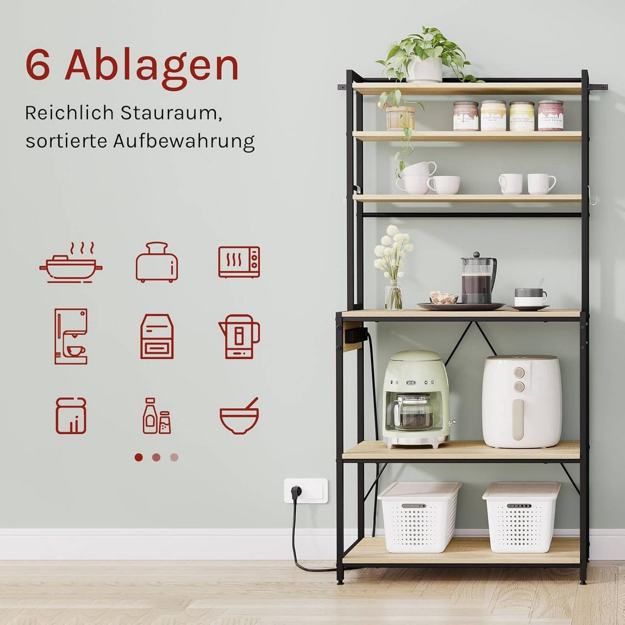 24goodz Kitchen Shelf with Power Outlets - Spacious Storage with 6 Shelves - Sturdy Metal Frame - For Kitchen Enthusiasts - Light Oak + Black