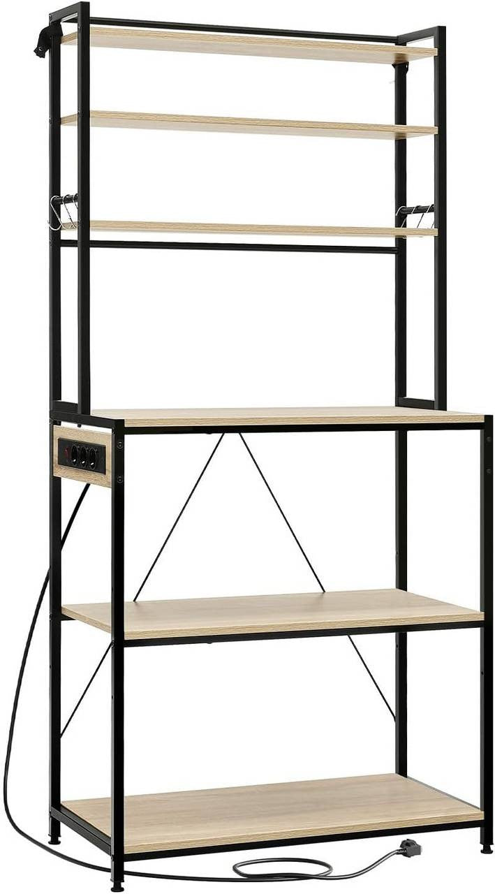 24goodz Kitchen Shelf with Power Outlets - Spacious Storage with 6 Shelves - Sturdy Metal Frame - For Kitchen Enthusiasts - Light Oak + Black