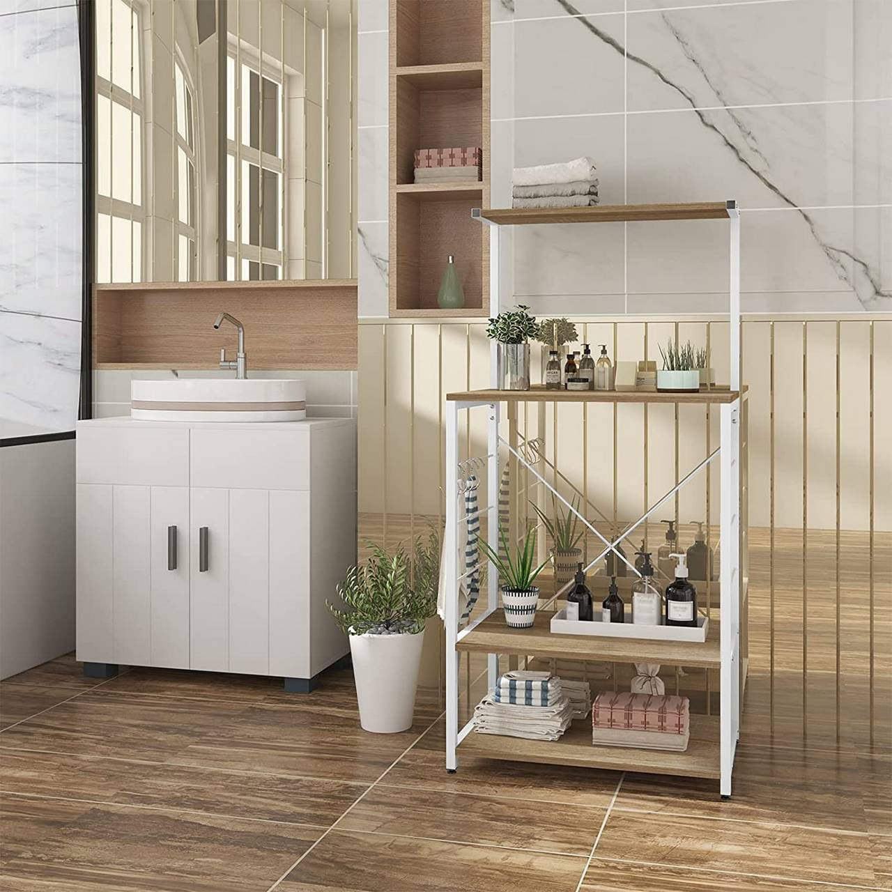 24goodz Standing Shelf - Elegant Design - Easy to Assemble - MDF and Steel - For Home Organization - White - whe