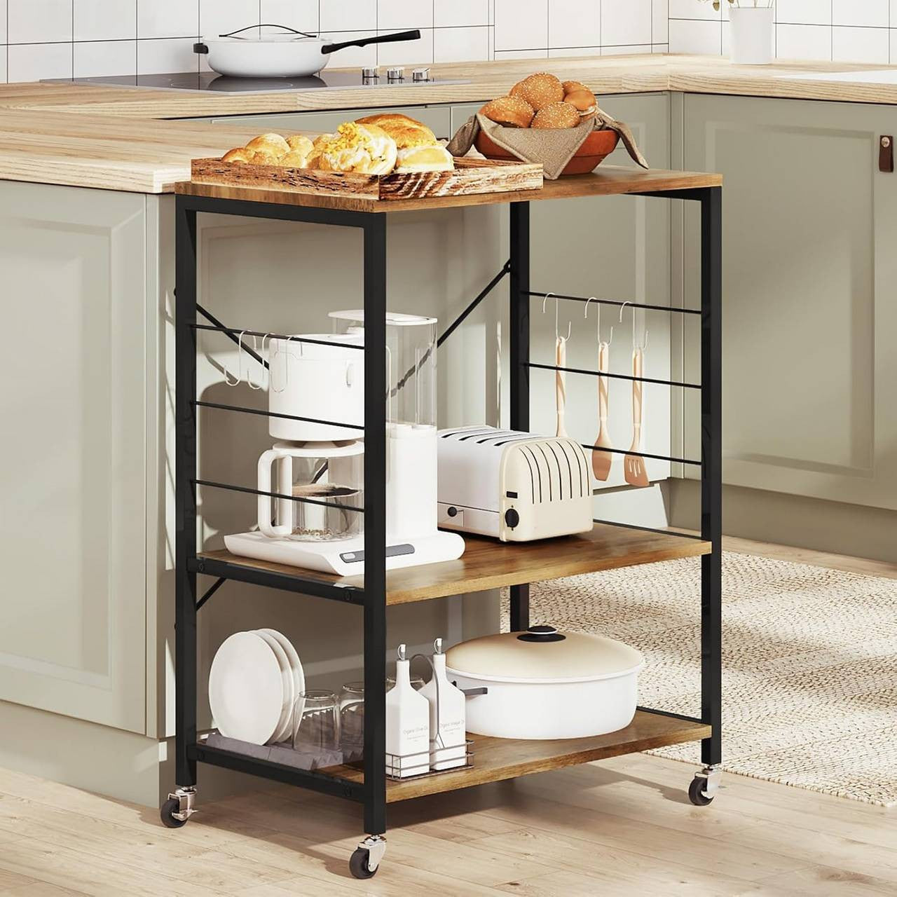 24goodz Kitchen Cart on Wheels - Spacious Storage - Durable Metal Frame - E1-Class Particle Board - For Home Use - Rustic Brown