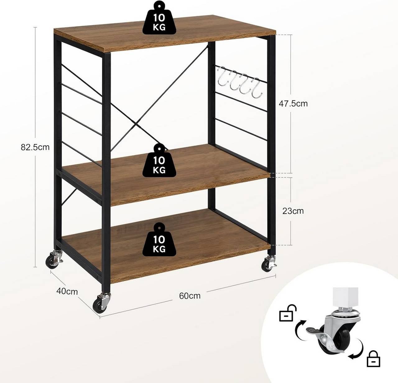 24goodz Kitchen Cart on Wheels - Spacious Storage - Durable Metal Frame - E1-Class Particle Board - For Home Use - Rustic Brown