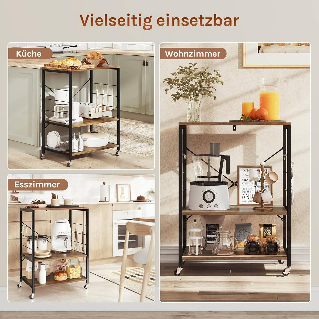 24goodz Kitchen Cart on Wheels - Spacious Storage - Durable Metal Frame - E1-Class Particle Board - For Home Use - Rustic Brown