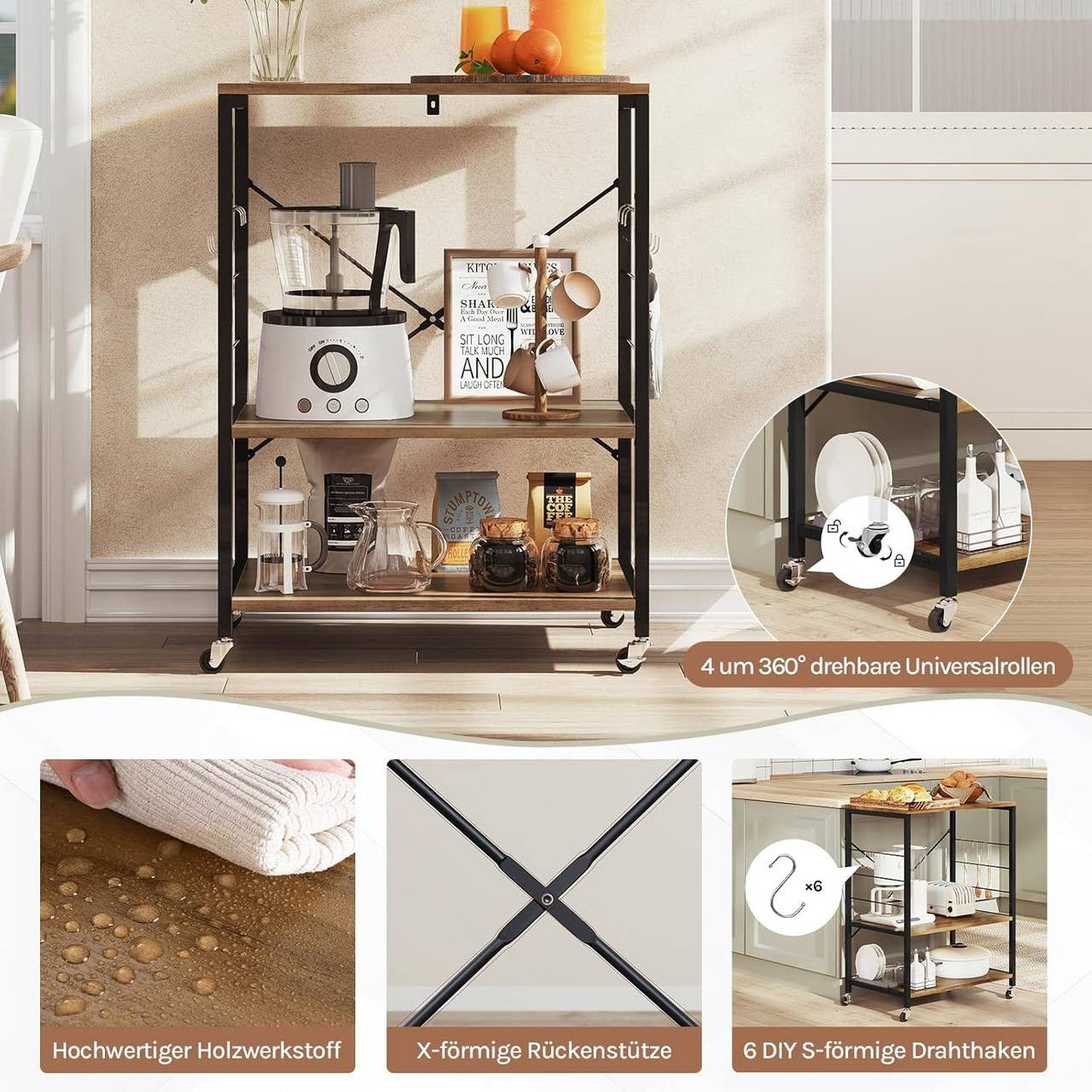 24goodz Kitchen Cart on Wheels - Spacious Storage - Durable Metal Frame - E1-Class Particle Board - For Home Use - Rustic Brown