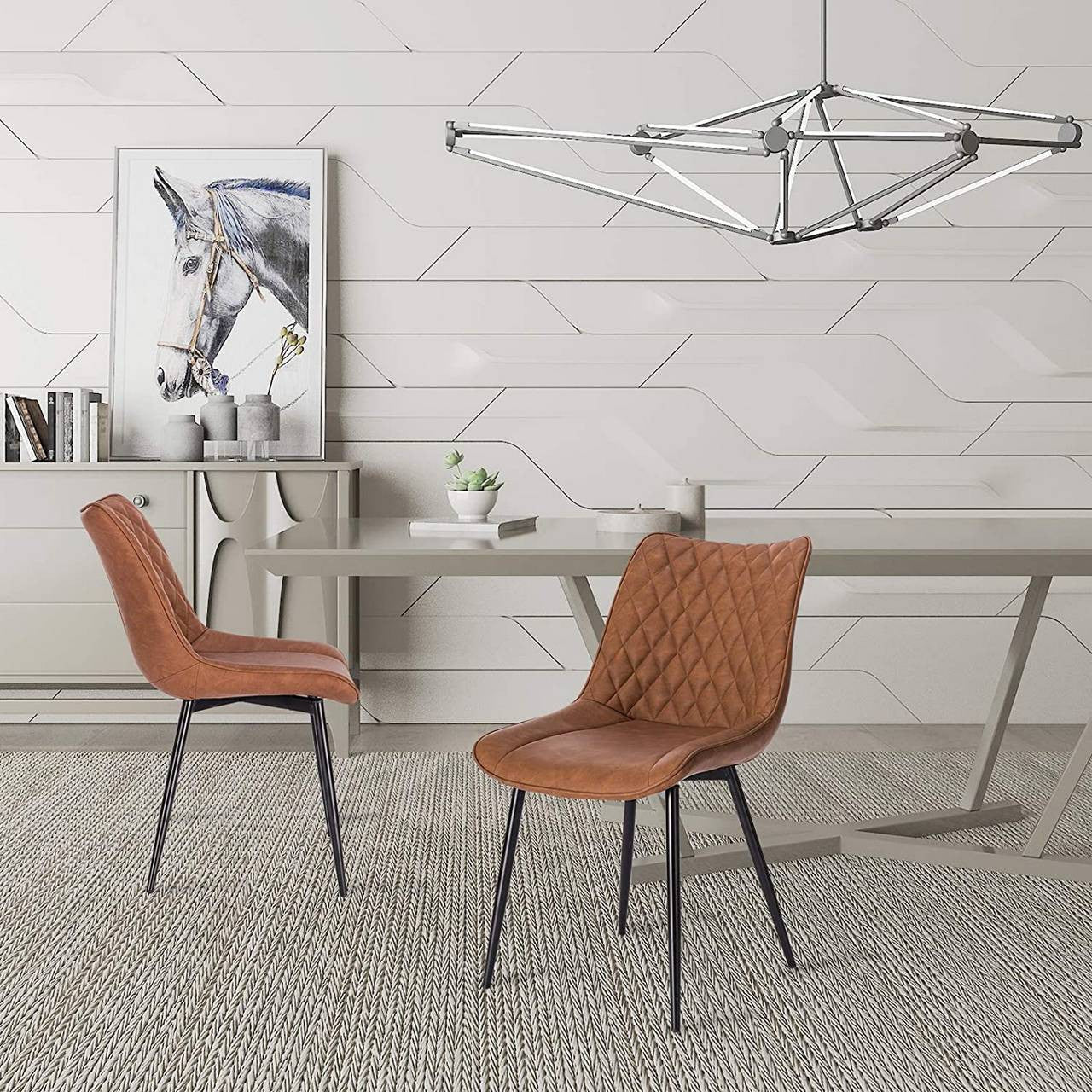 24goodz Set of 2 Dining Chairs - Ergonomic Comfort - Easy to Clean Faux Leather - Metal Frame - Light Brown - hbr