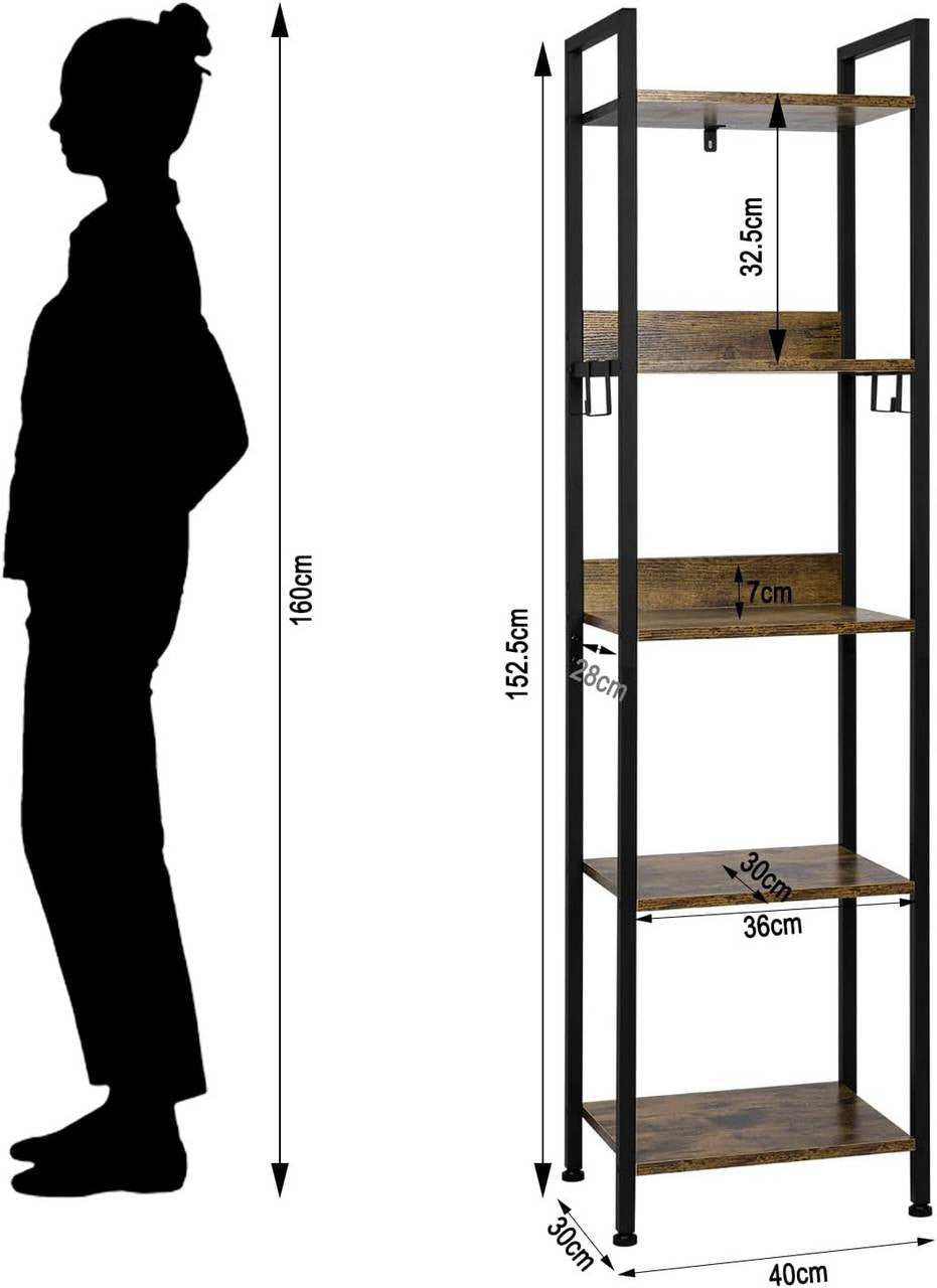 24goodz 5-Tier Storage Shelf - Versatile for Any Room - Sturdy and Stylish - MDF and Metal - Vintage Wood Look - 40 x 30 x 152.5 cm