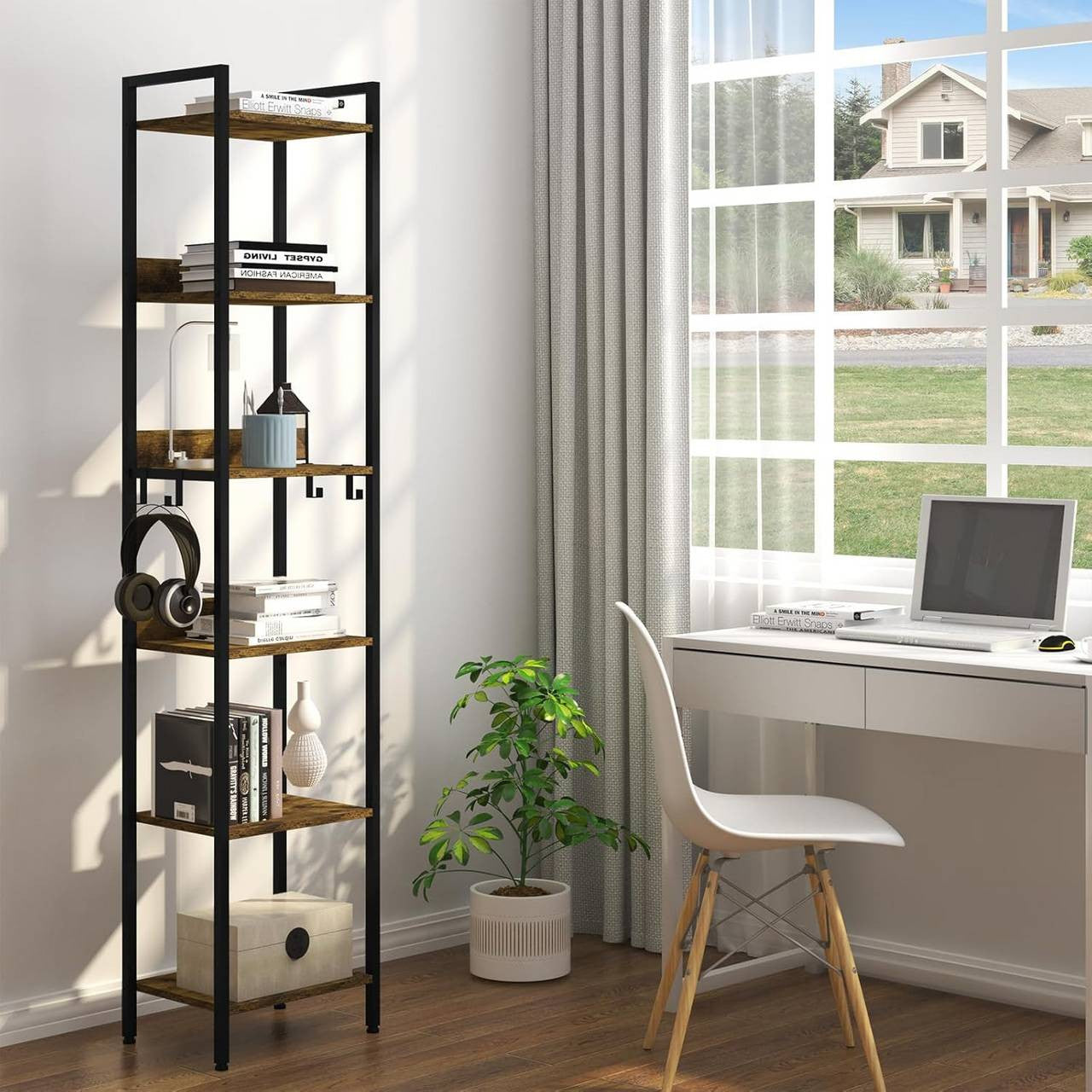 24goodz Vintage Wood Look Storage Rack - Versatile for Any Room - Sturdy and Stylish - MDF and Metal - Black + Light Oak - 40x30x186.5cm