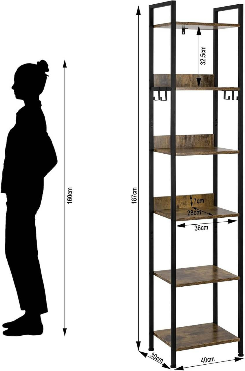 24goodz Vintage Wood Look Storage Rack - Versatile for Any Room - Sturdy and Stylish - MDF and Metal - Black + Light Oak - 40x30x186.5cm