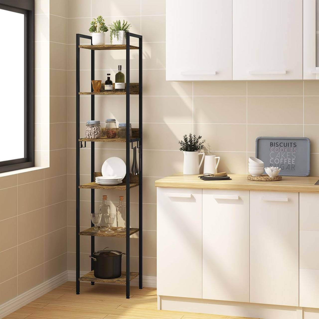 24goodz Vintage Wood Look Storage Rack - Versatile for Any Room - Sturdy and Stylish - MDF and Metal - Black + Light Oak - 40x30x186.5cm