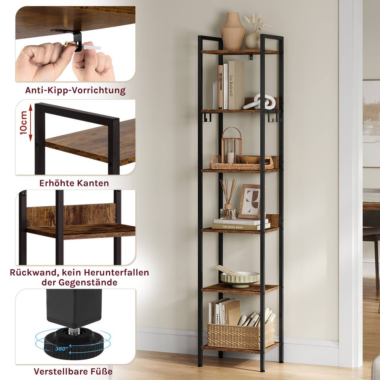 24goodz Vintage Wood Look Storage Rack - Versatile for Any Room - Sturdy and Stylish - MDF and Metal - Black + Light Oak - 40x30x186.5cm