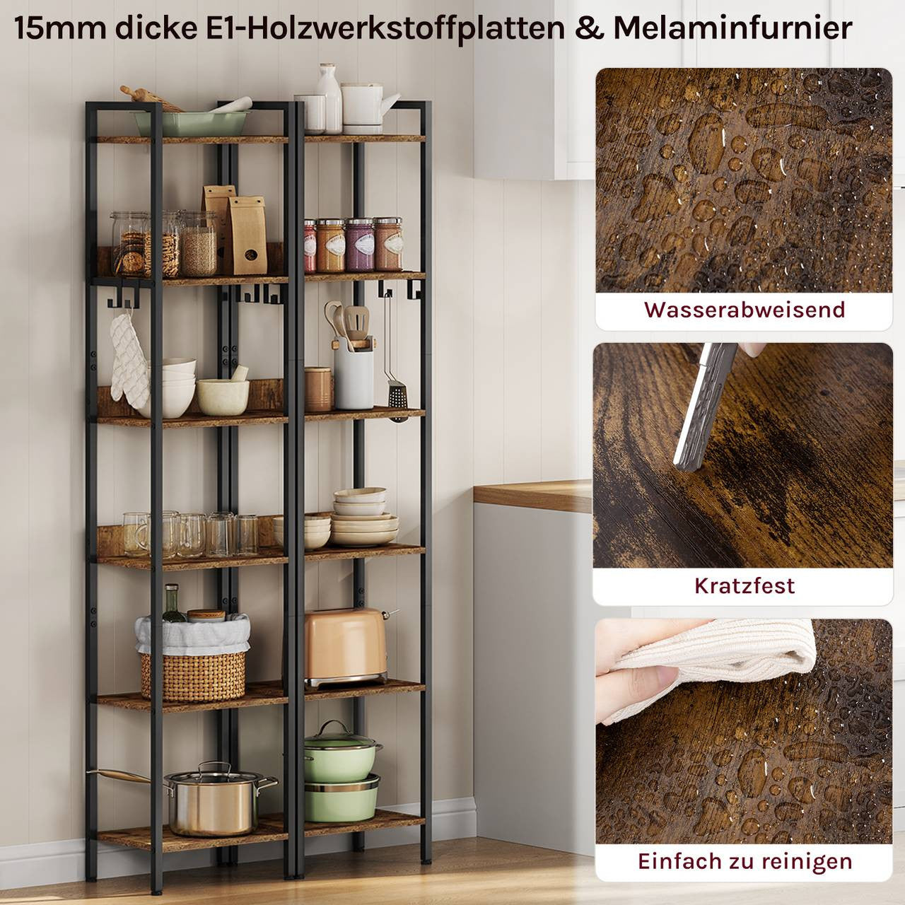 24goodz Vintage Wood Look Storage Rack - Versatile for Any Room - Sturdy and Stylish - MDF and Metal - Black + Light Oak - 40x30x186.5cm