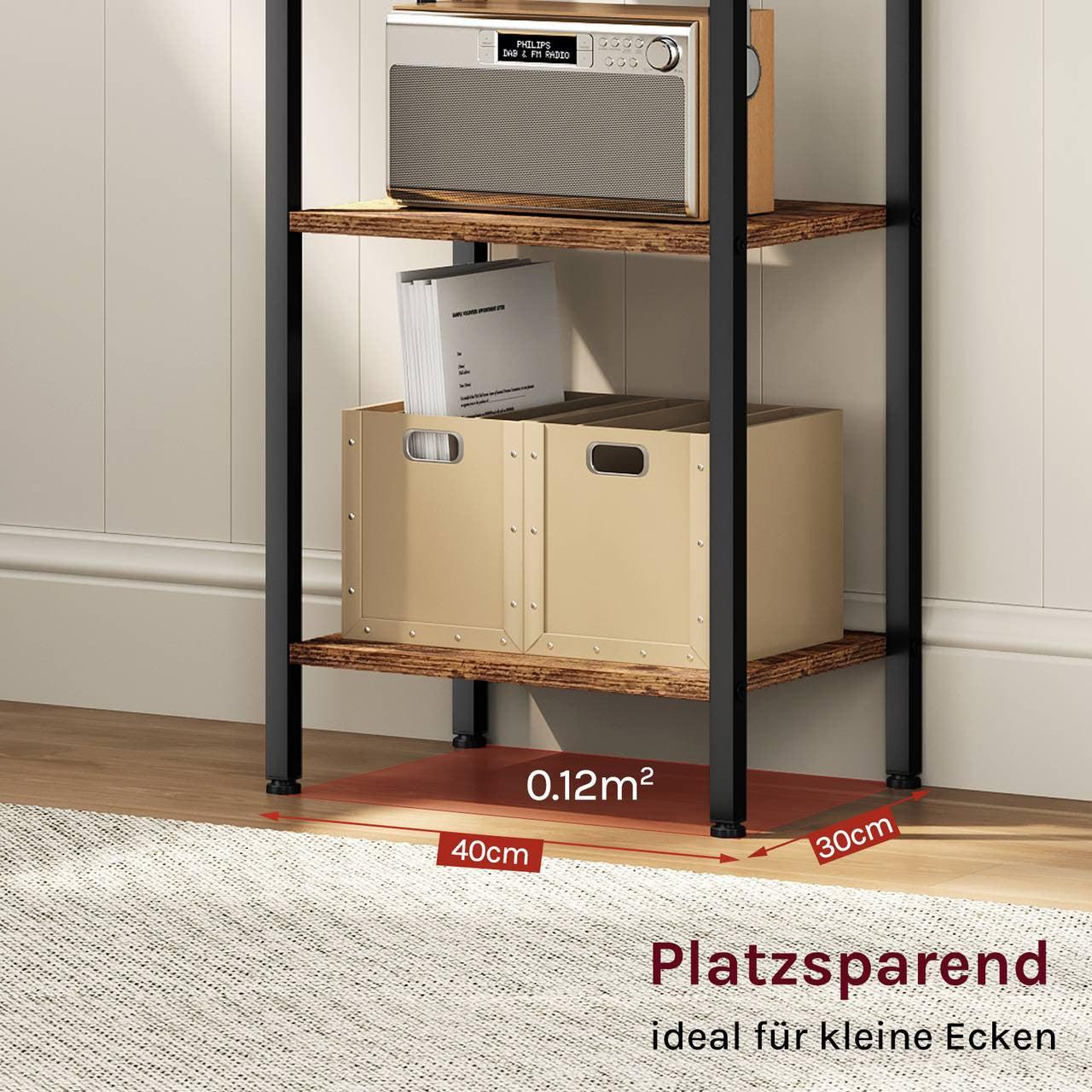 24goodz Vintage Wood Look Storage Rack - Versatile for Any Room - Sturdy and Stylish - MDF and Metal - Black + Light Oak - 40x30x186.5cm