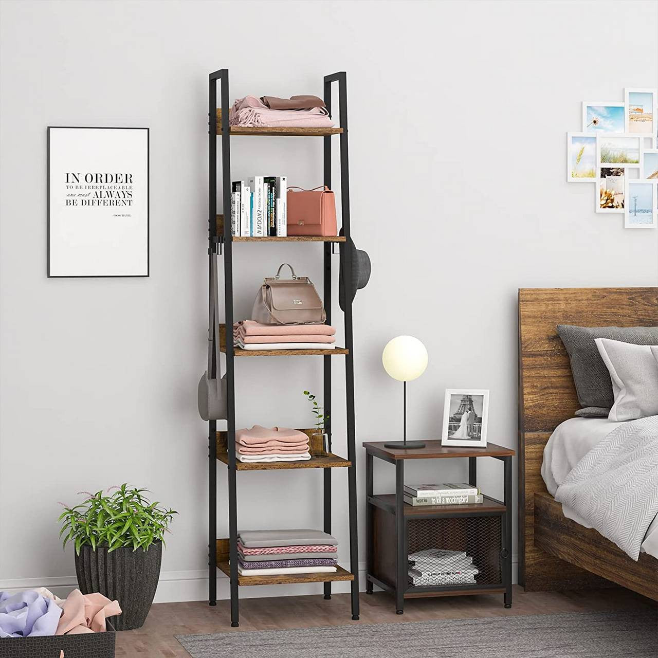 24goodz Storage Shelf with 5 Levels - Versatile Use - Stylish and Durable - MDF + Metal - Black + Light Oak - hov