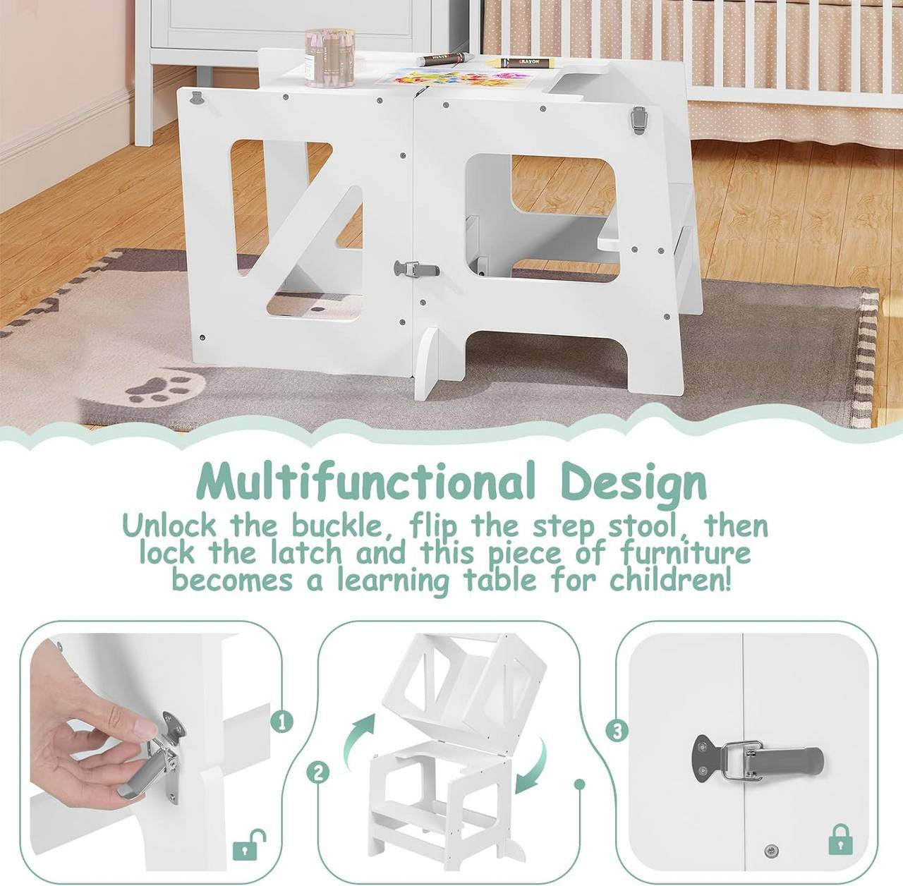 24goodz 3-in-1 Learning Tower - Multifunctional Design - High Stability - MDF - For Children from 1 to 3 years - White