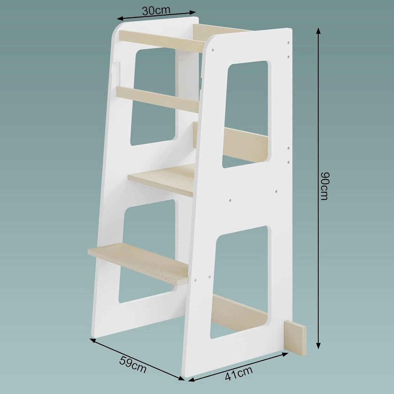 24goodz Learning Tower for Children from 1 Year - Safe and Stable Design - MDF and Solid Wood - White and Natural Wood Colour - 59 x 90 x 41 cm