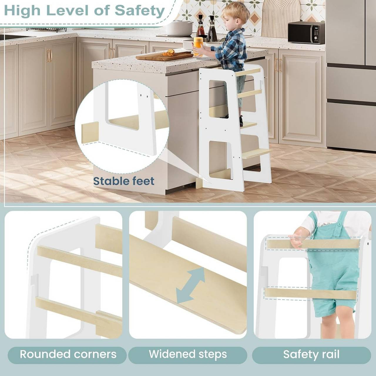 24goodz Learning Tower for Children from 1 Year - Safe and Stable Design - MDF and Solid Wood - White and Natural Wood Colour - 59 x 90 x 41 cm