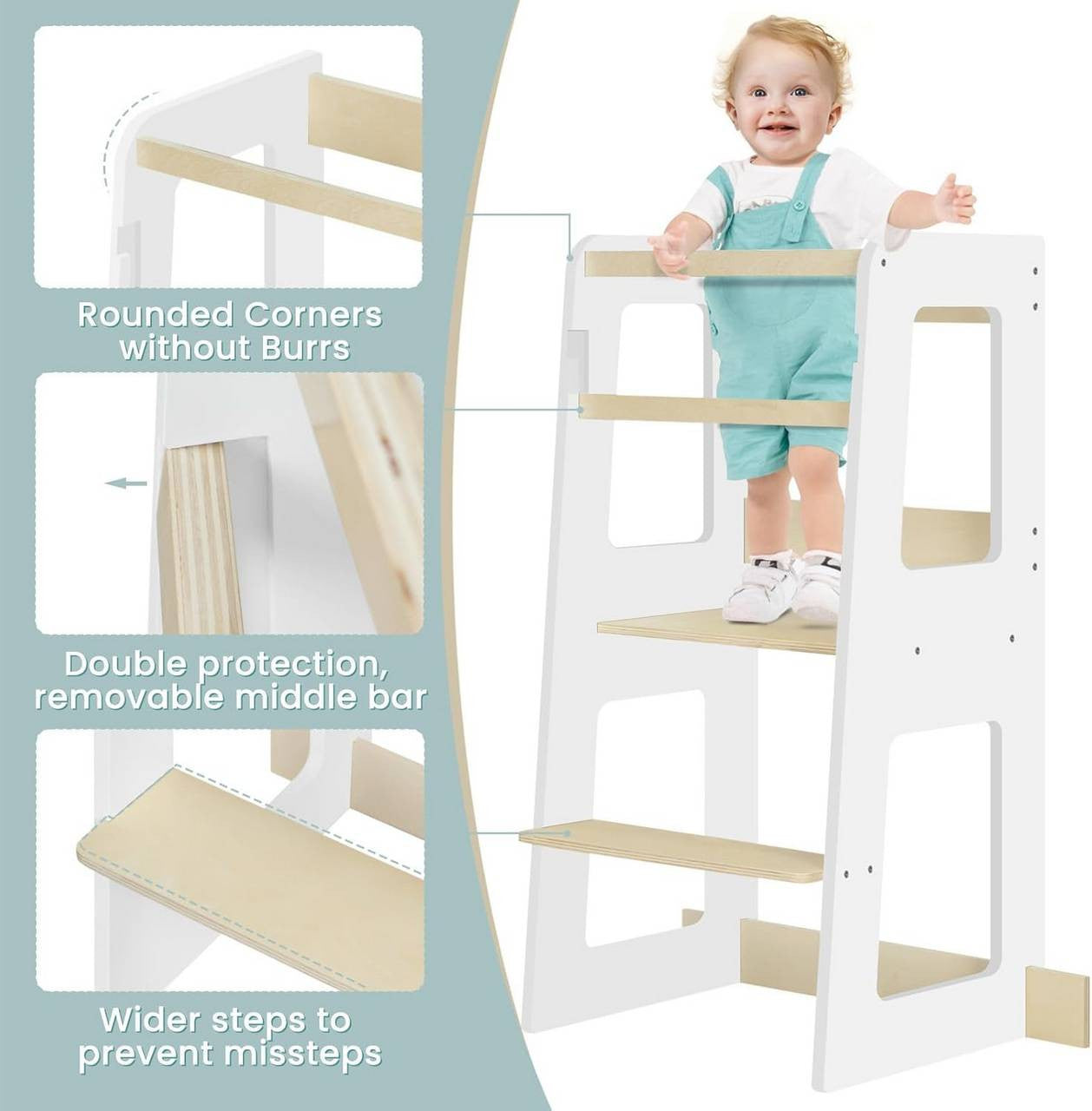 24goodz Learning Tower for Children from 1 Year - Safe and Stable Design - MDF and Solid Wood - White and Natural Wood Colour - 59 x 90 x 41 cm