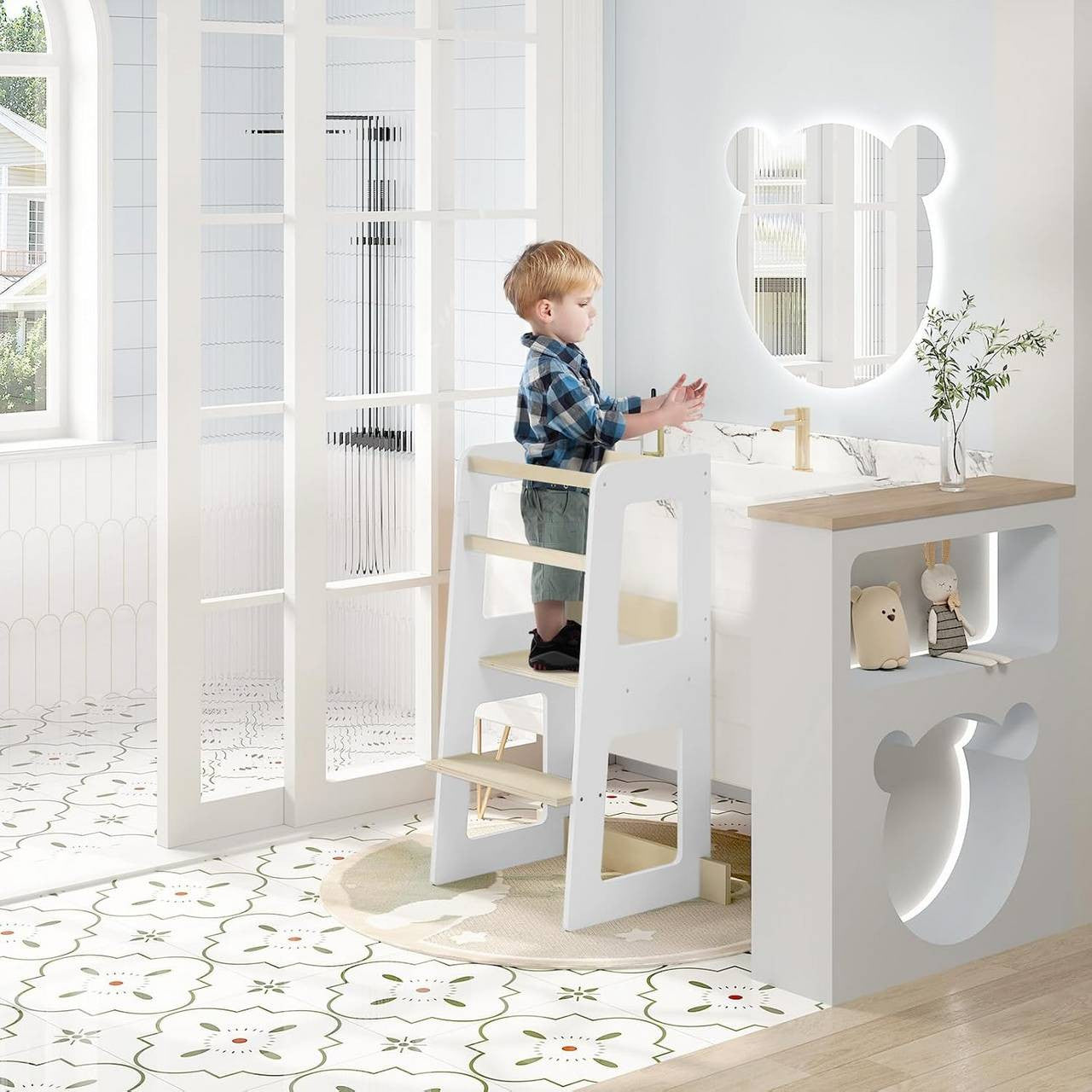 24goodz Learning Tower for Children from 1 Year - Safe and Stable Design - MDF and Solid Wood - White and Natural Wood Colour - 59 x 90 x 41 cm