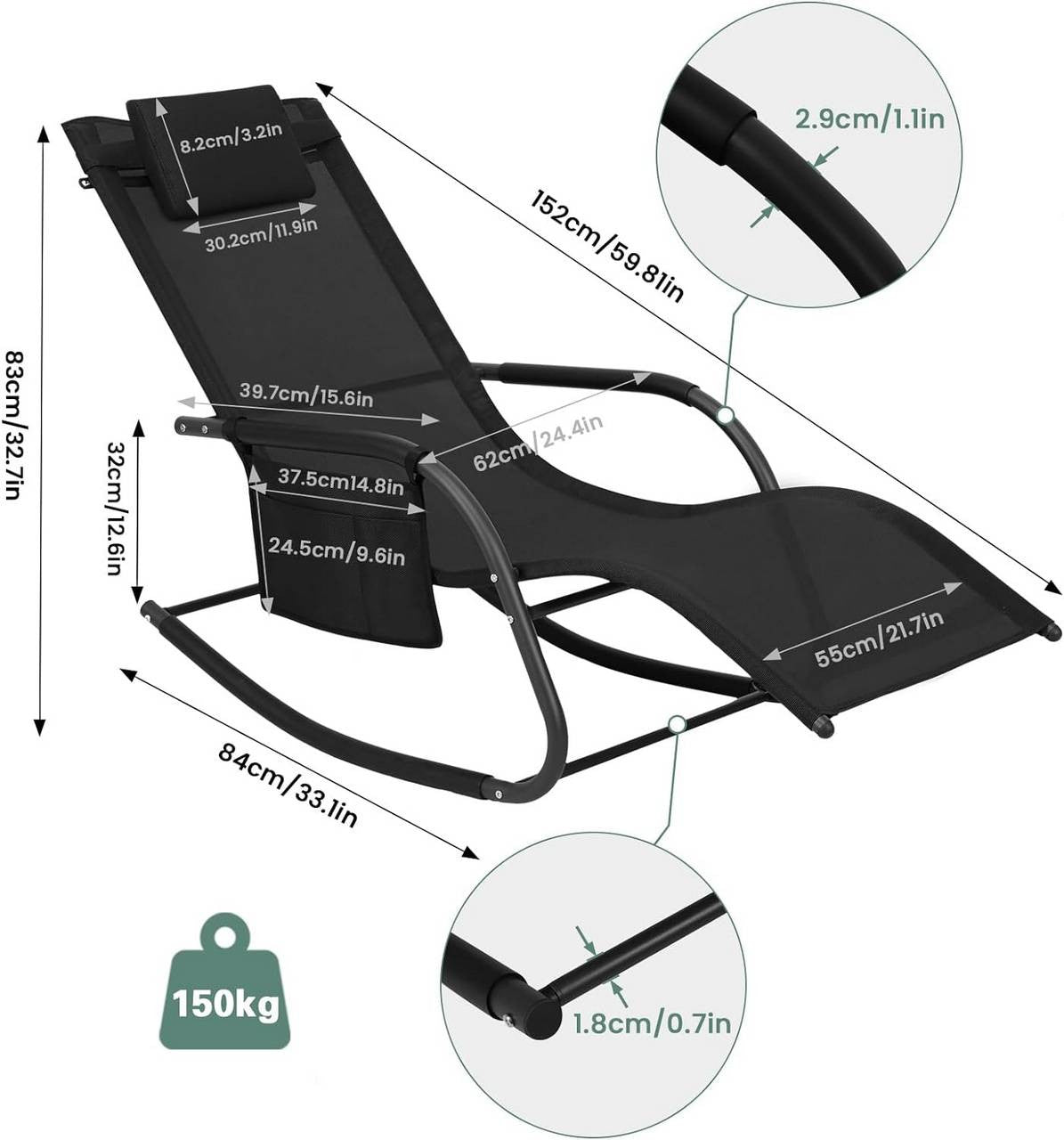 24goodz Outdoor Lounge Chair - Weather-Resistant Design - Supports up to 150 kg - Metal and Polyester - Black/Gray