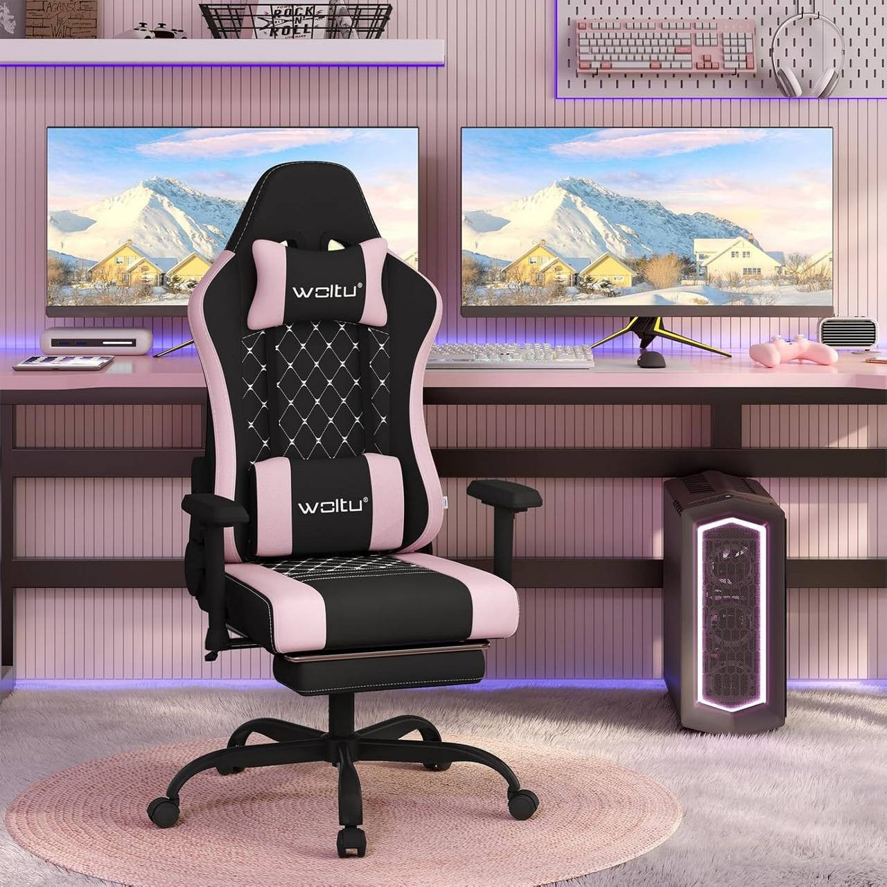 24goodz Ergonomic Massage Gaming Chair - Comfortable Support - Durable Mesh Fabric - For Gamers and Office Workers - Black + Pink