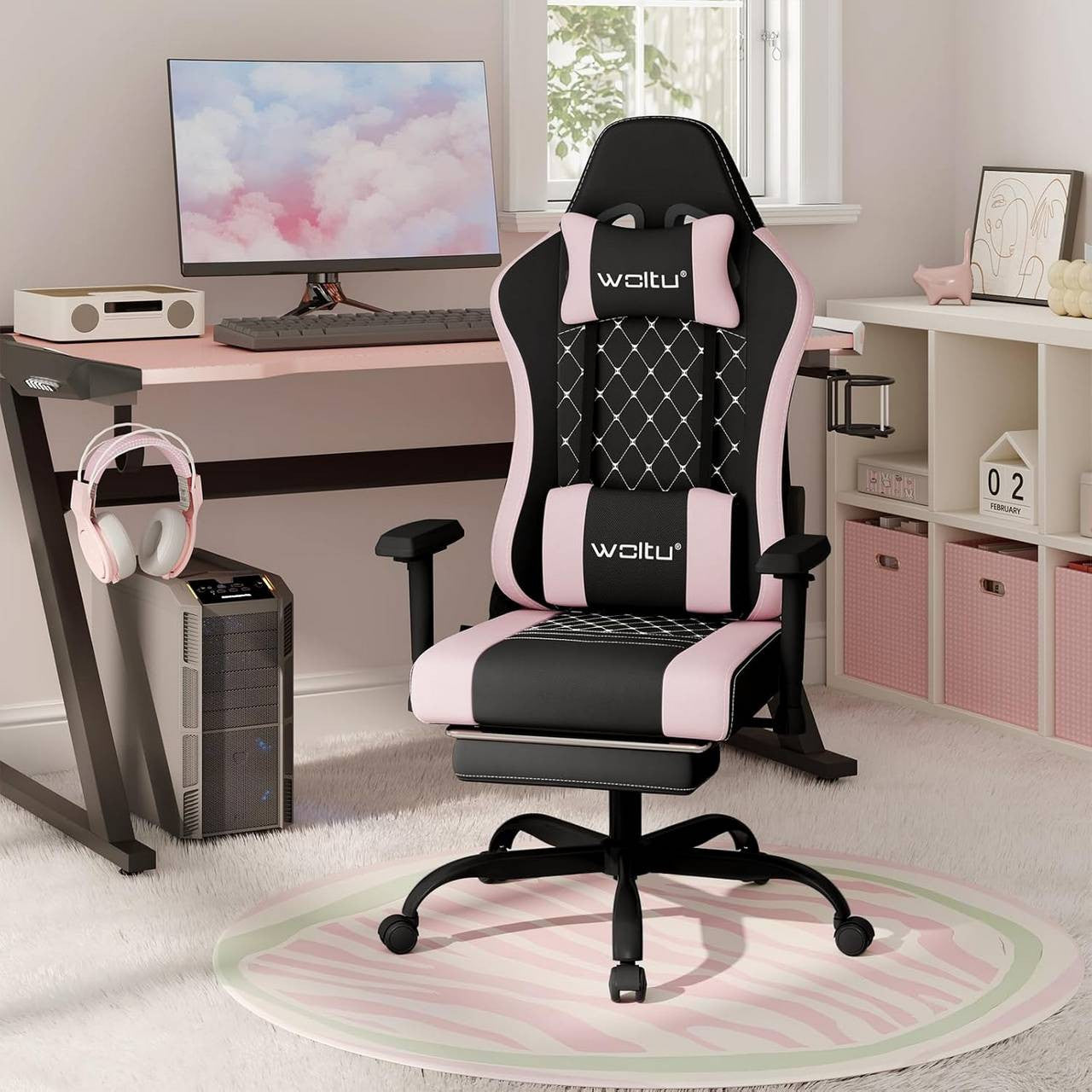 24goodz Ergonomic Massage Gaming Chair - Comfortable Support - Durable Mesh Fabric - For Gamers and Office Workers - Black + Pink