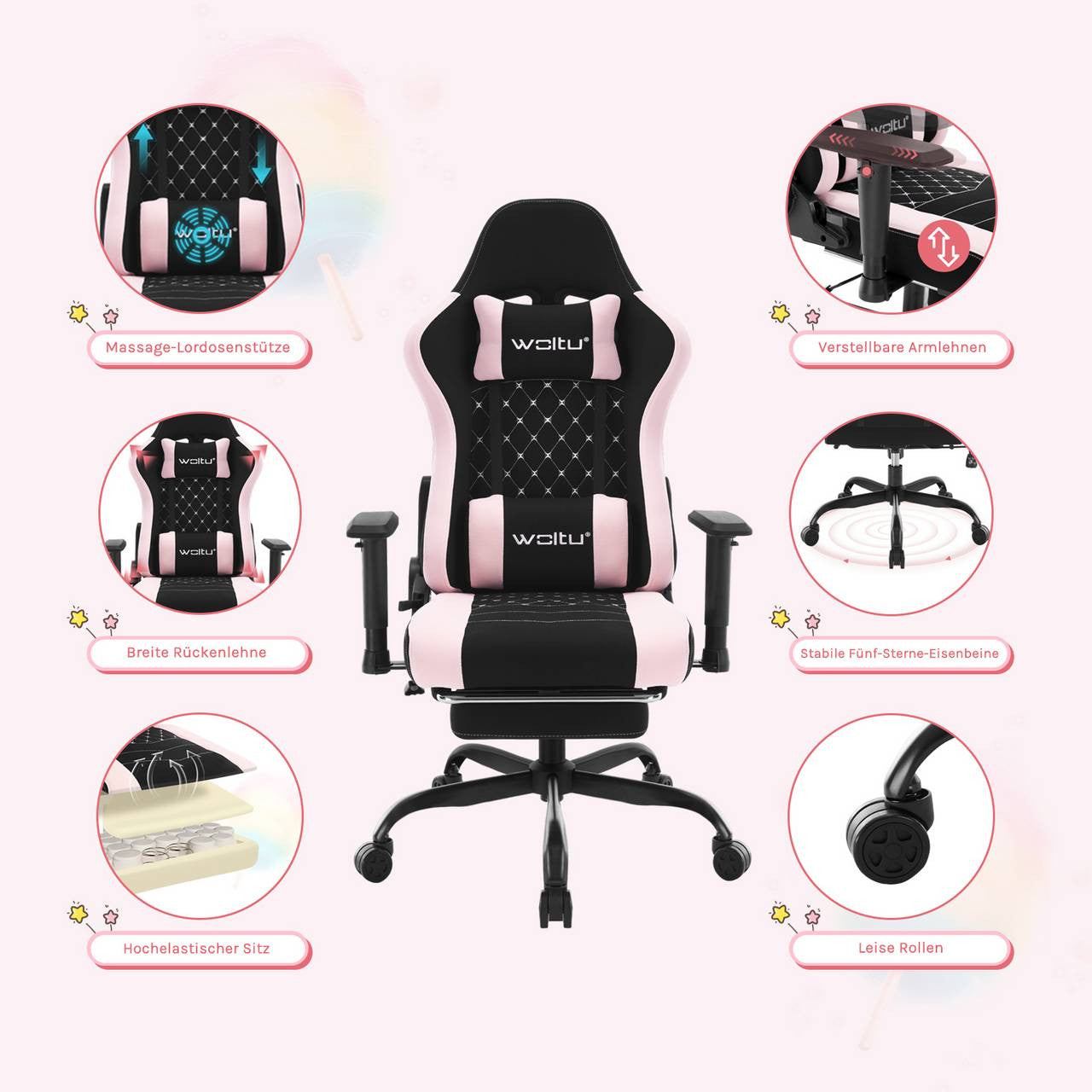 24goodz Ergonomic Massage Gaming Chair - Comfortable Support - Durable Mesh Fabric - For Gamers and Office Workers - Black + Pink