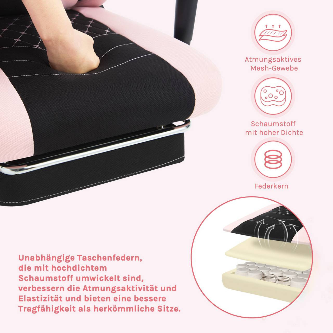 24goodz Ergonomic Massage Gaming Chair - Comfortable Support - Durable Mesh Fabric - For Gamers and Office Workers - Black + Pink