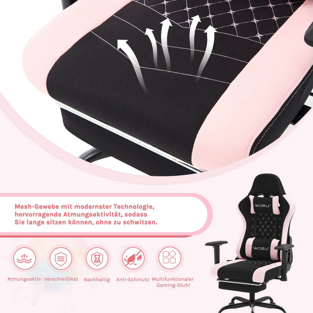 24goodz Ergonomic Massage Gaming Chair - Comfortable Support - Durable Mesh Fabric - For Gamers and Office Workers - Black + Pink
