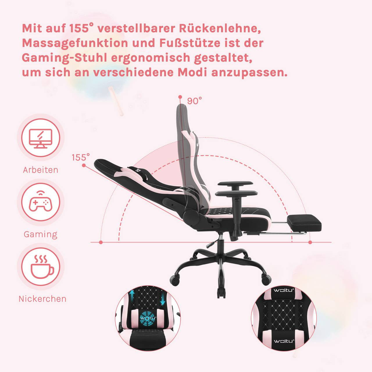 24goodz Ergonomic Massage Gaming Chair - Comfortable Support - Durable Mesh Fabric - For Gamers and Office Workers - Black + Pink