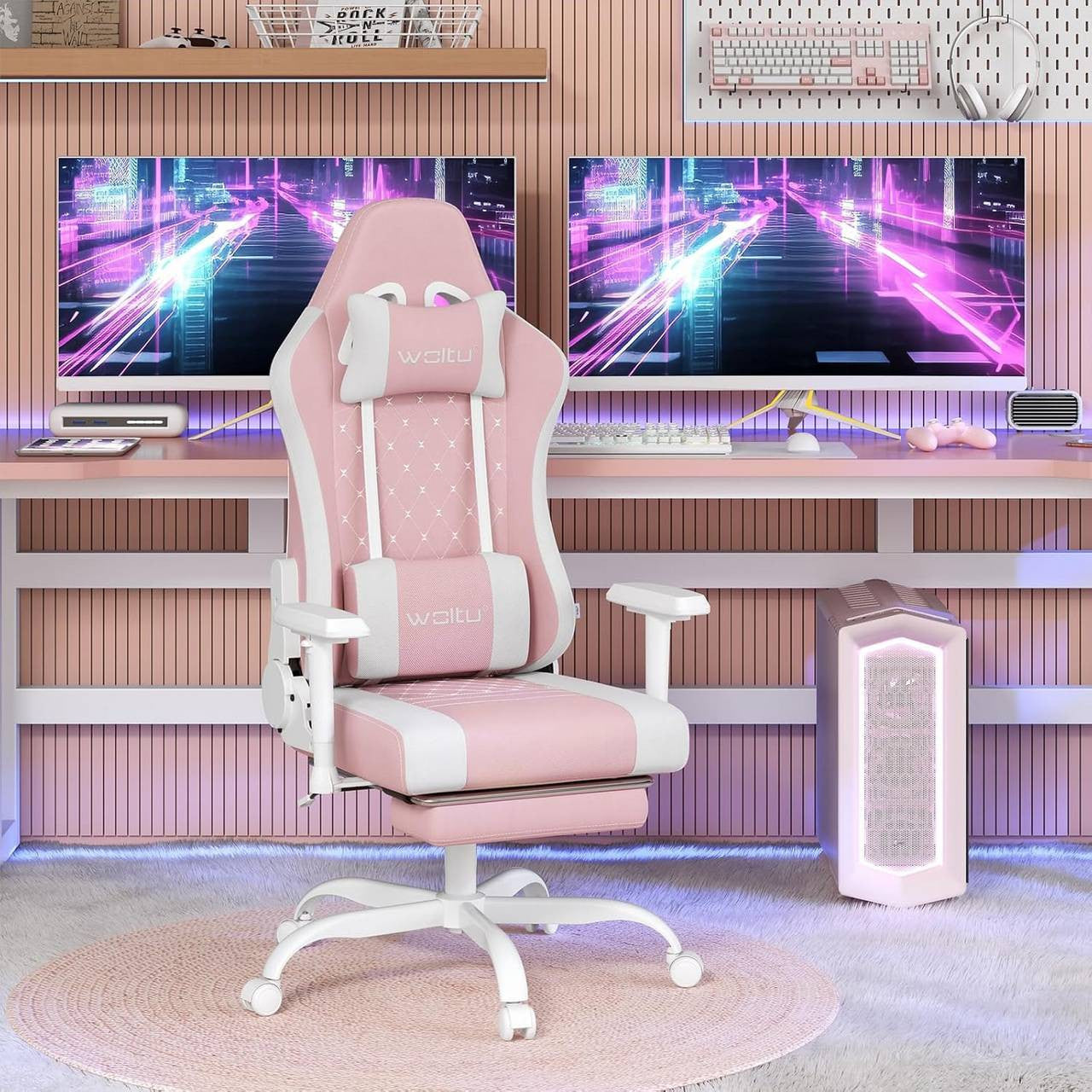 24goodz Ergonomic Massage Gaming Chair - Breathable Mesh Fabric - Adjustable Recline - Metal Frame - For Gamers - Black + Pink