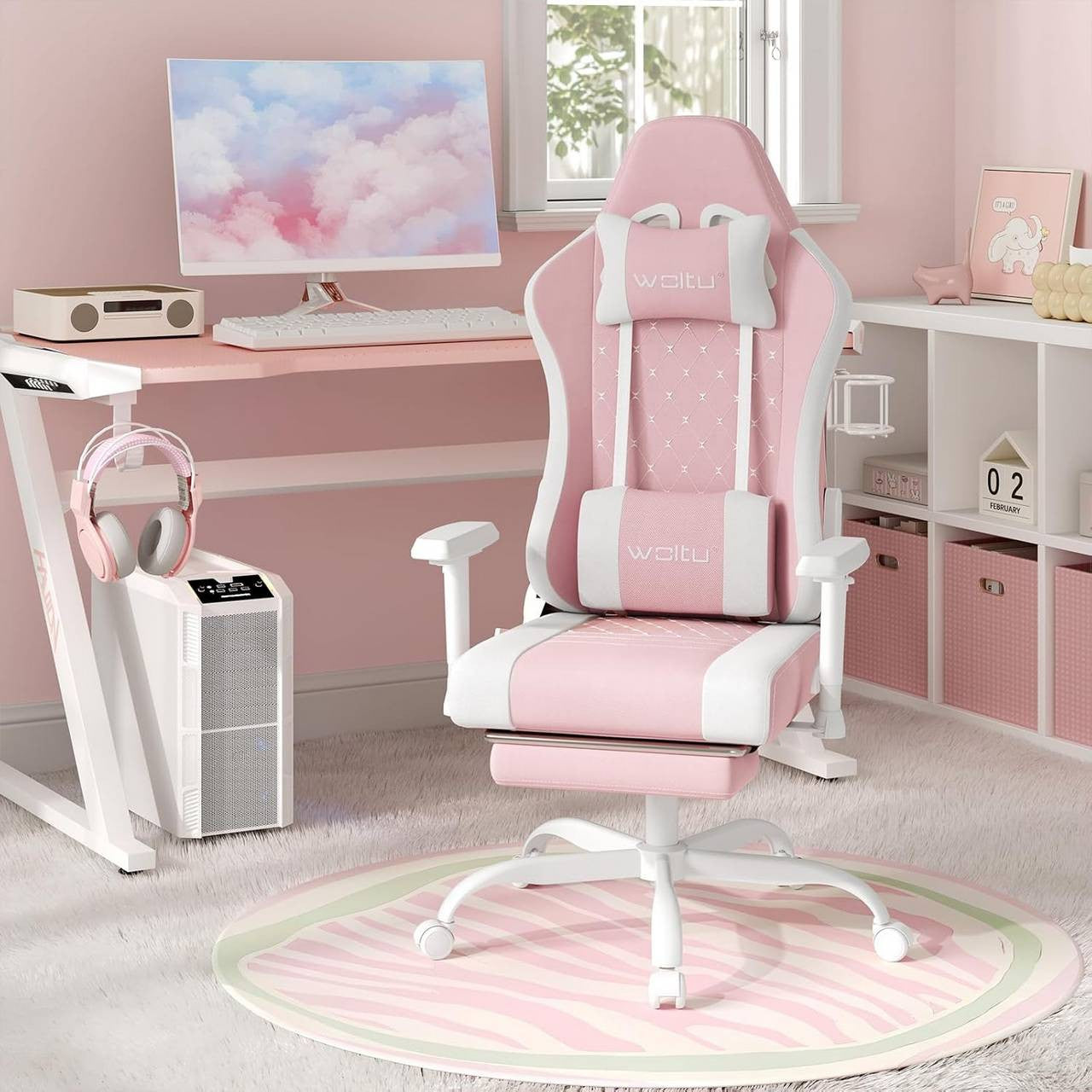 24goodz Ergonomic Massage Gaming Chair - Breathable Mesh Fabric - Adjustable Recline - Metal Frame - For Gamers - Black + Pink
