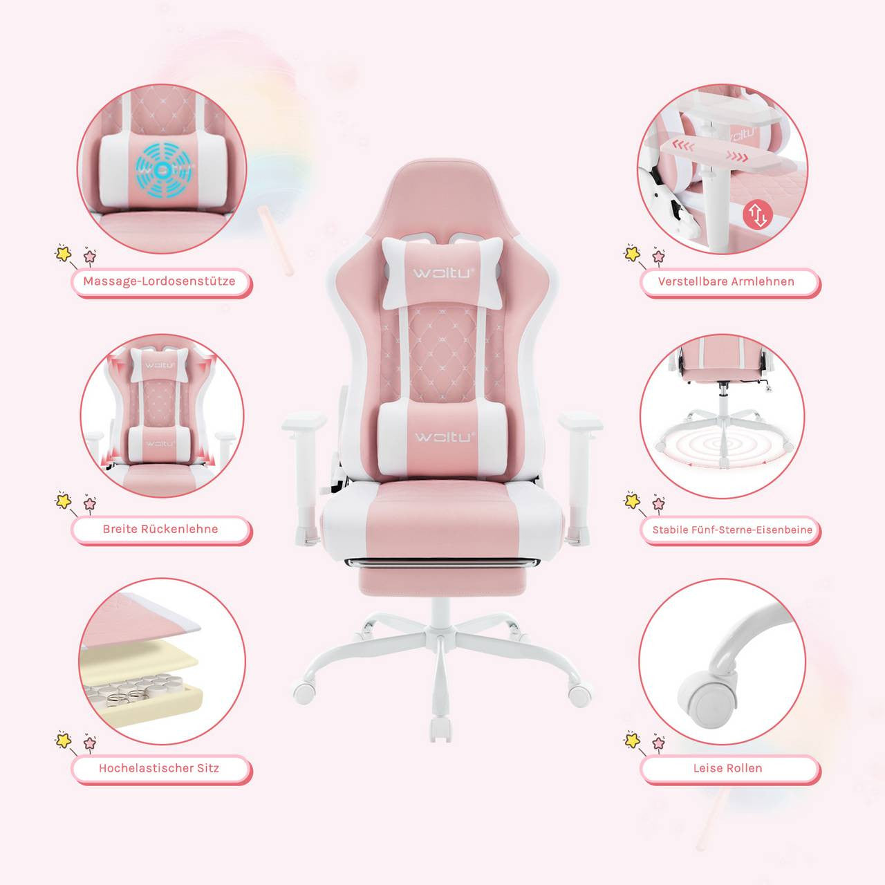 24goodz Ergonomic Massage Gaming Chair - Breathable Mesh Fabric - Adjustable Recline - Metal Frame - For Gamers - Black + Pink