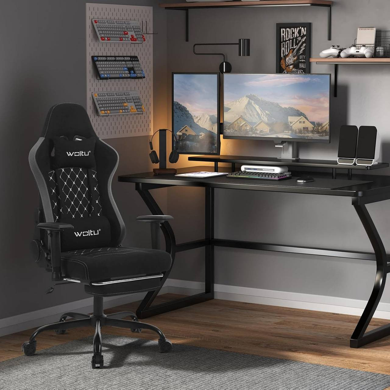 24goodz Ergonomic Massage Gaming Chair - Comfort Meets Functionality - Technical Fabric - For Gamers and Office Workers - Black + Grey