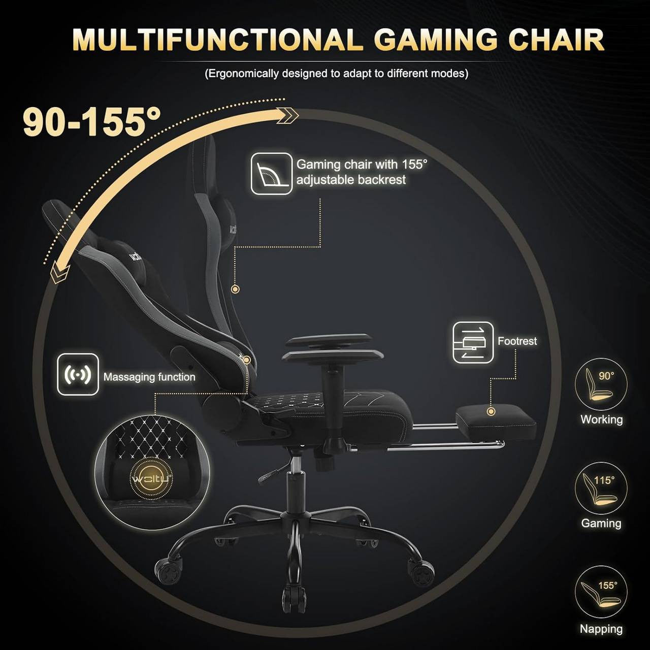 24goodz Ergonomic Massage Gaming Chair - Comfort Meets Functionality - Technical Fabric - For Gamers and Office Workers - Black + Grey