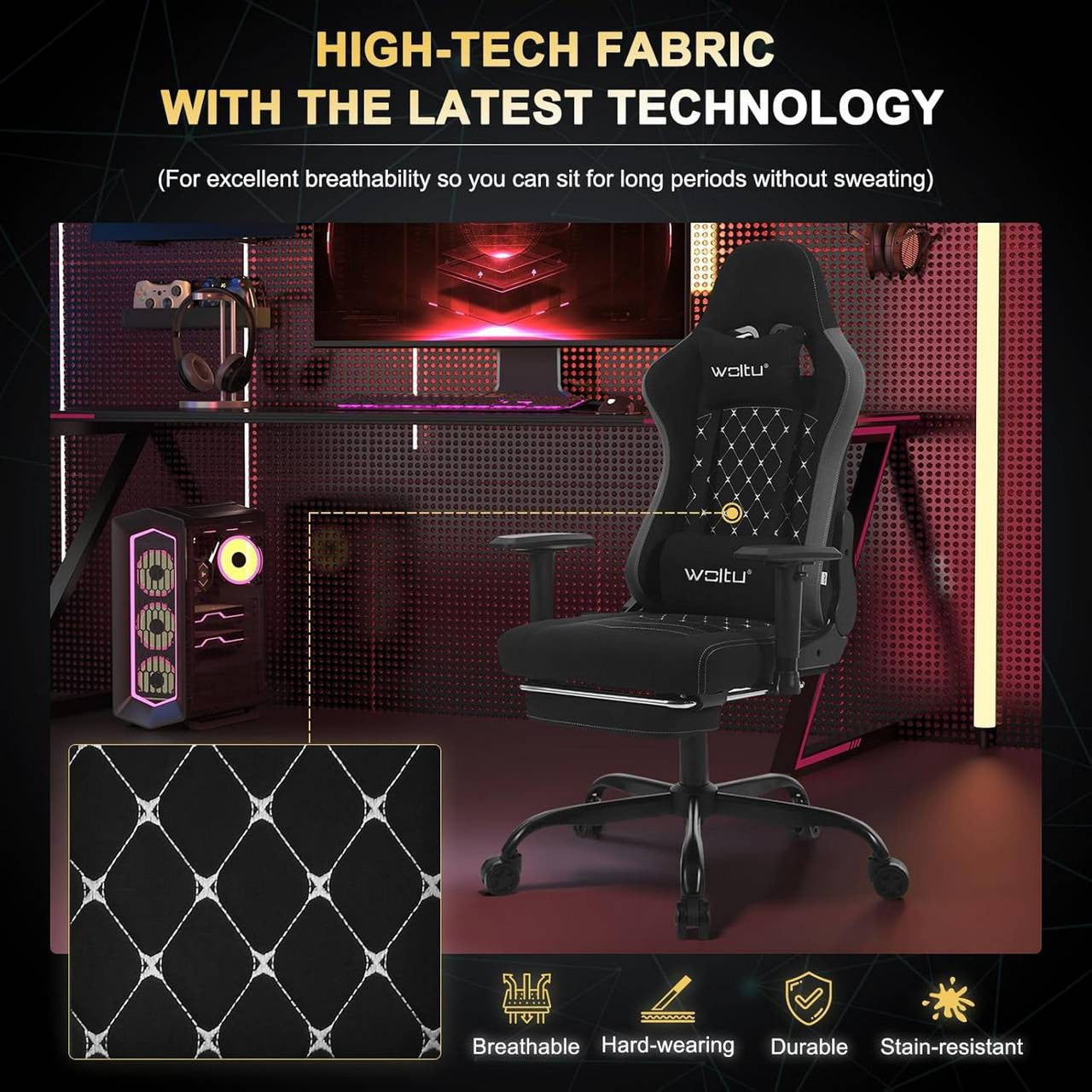 24goodz Ergonomic Massage Gaming Chair - Comfort Meets Functionality - Technical Fabric - For Gamers and Office Workers - Black + Grey