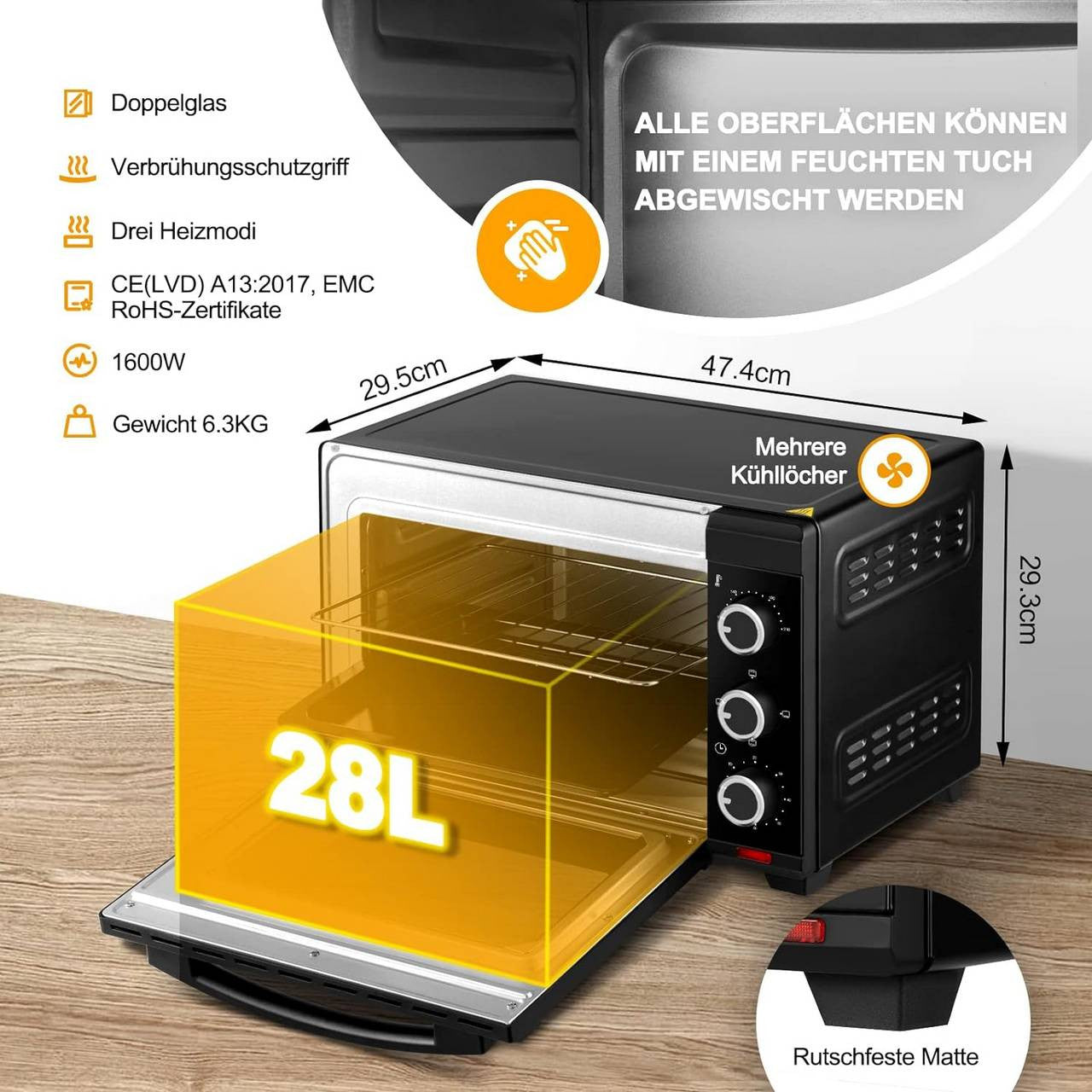 24goodz Mini Oven 28 L - Intelligent Cooking with 3 Heating Modes - 1600 W - Black - Sz