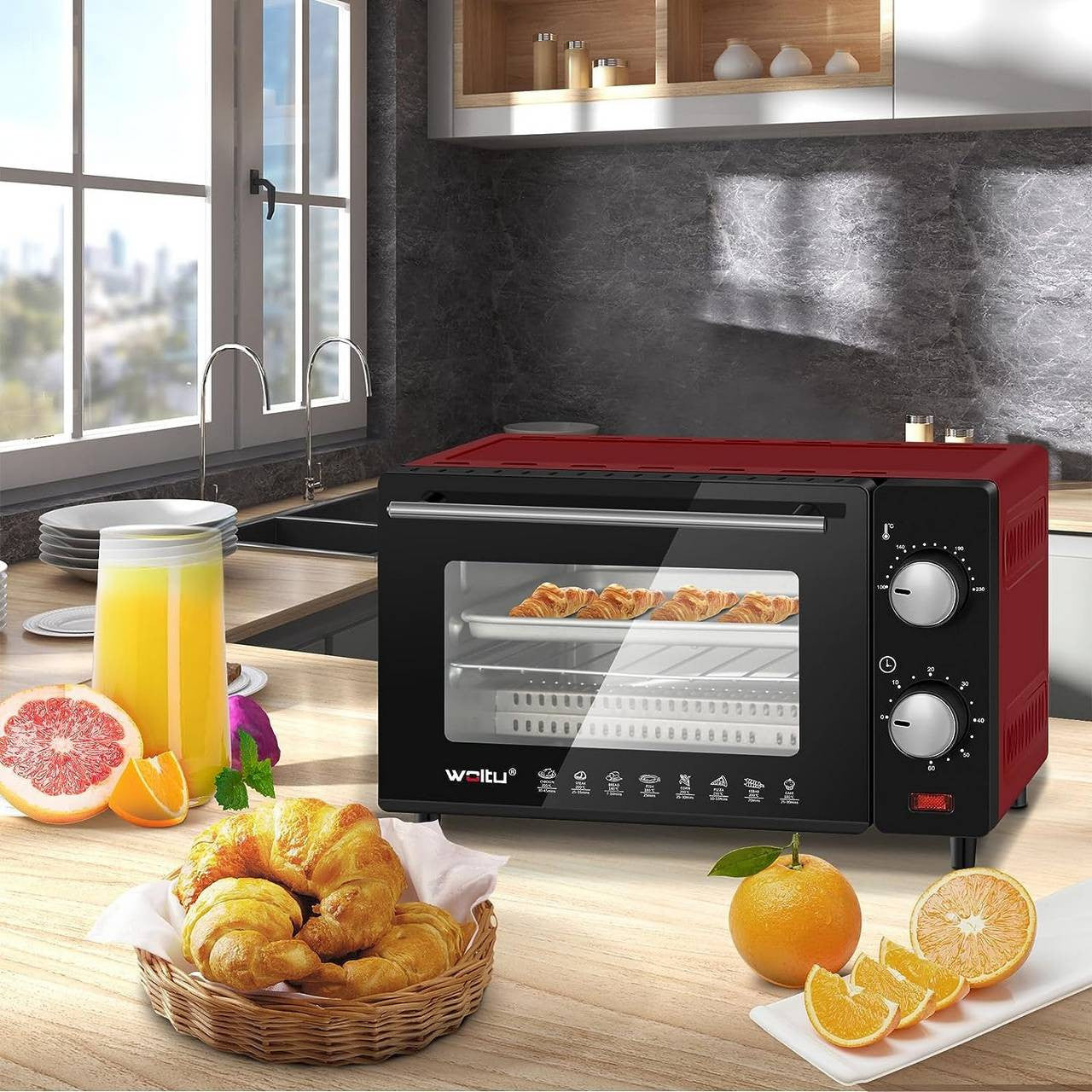 24goodz Mini Oven 10 Liter - Compact Design - Multifunctional Cooking - 650 W - Red/White/Black - rt