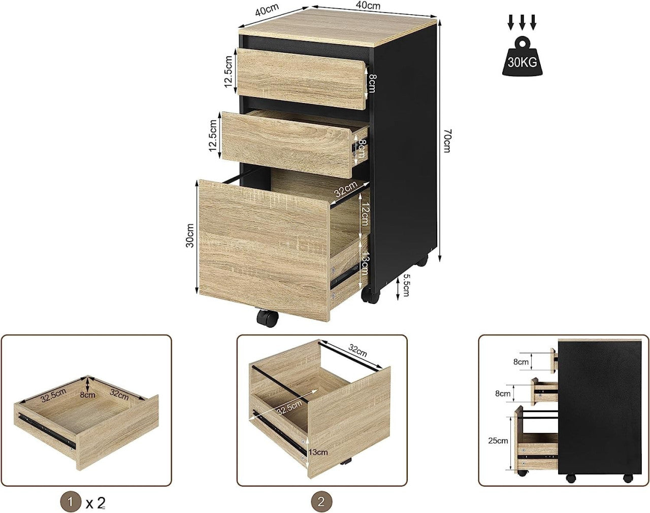 24goodz Mobile Filing Cabinet - Ample Storage Space - Durable and Stylish - E1 Wood - For Home and Office - Light Oak + Black
