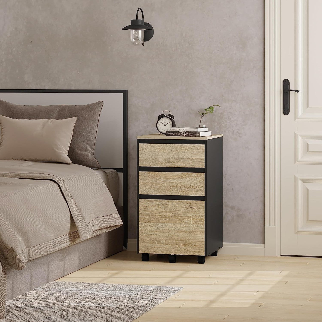 24goodz Mobile Filing Cabinet - Ample Storage Space - Durable and Stylish - E1 Wood - For Home and Office - Light Oak + Black