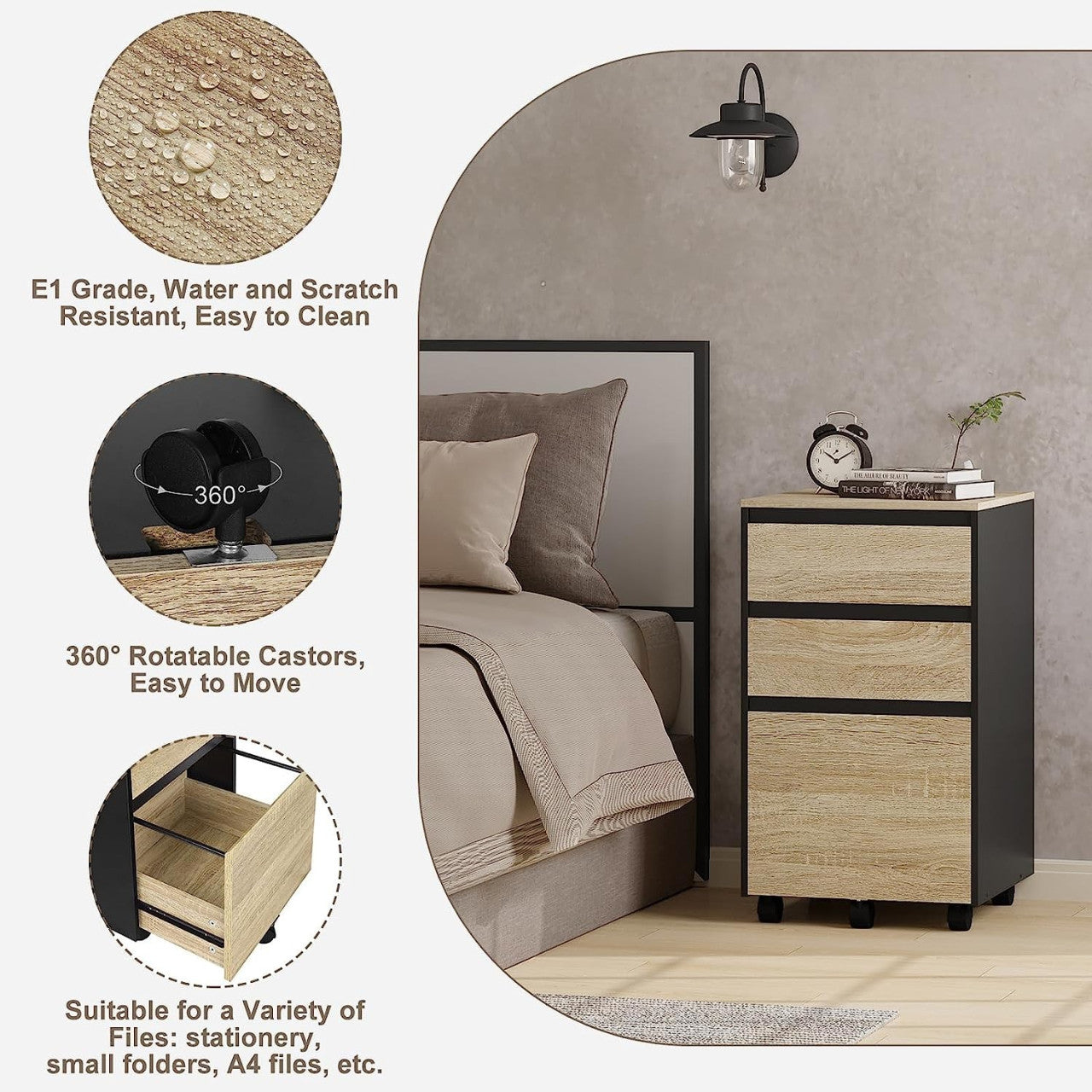 24goodz Mobile Filing Cabinet - Ample Storage Space - Durable and Stylish - E1 Wood - For Home and Office - Light Oak + Black