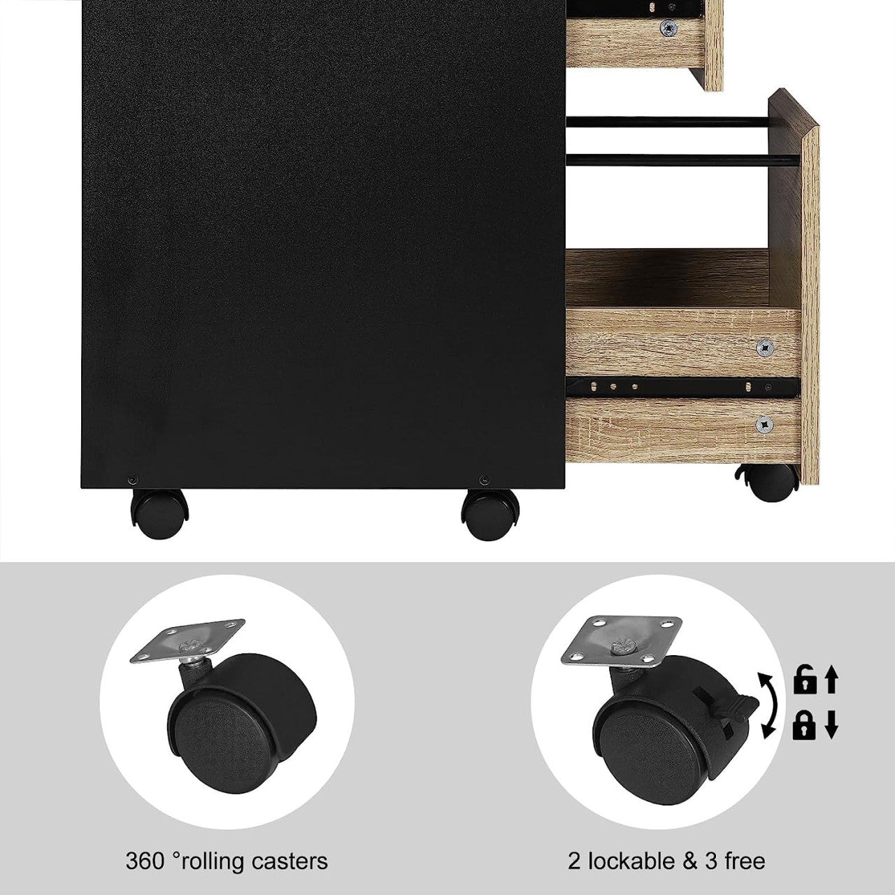 24goodz Mobile Filing Cabinet - Ample Storage Space - Durable and Stylish - E1 Wood - For Home and Office - Light Oak + Black