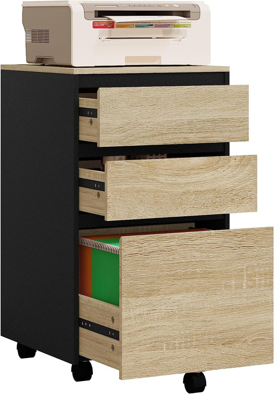 24goodz Mobile Filing Cabinet - Ample Storage Space - Durable and Stylish - E1 Wood - For Home and Office - Light Oak + Black