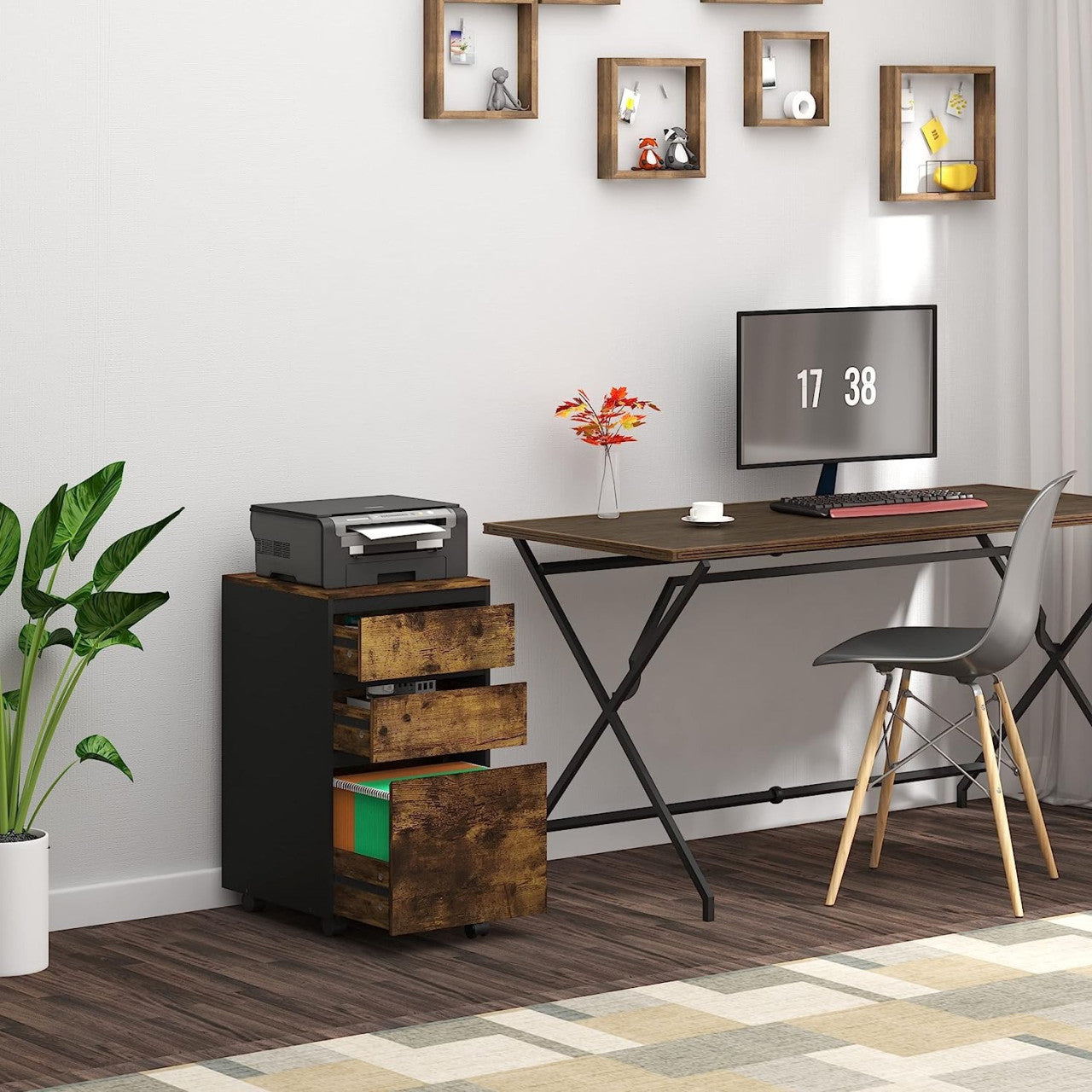 24goodz Rolling Archive Cabinet - Ample Storage Space - Easy to Move - E1 Wood Material - For Home and Office - Dark Oak + Black - hov