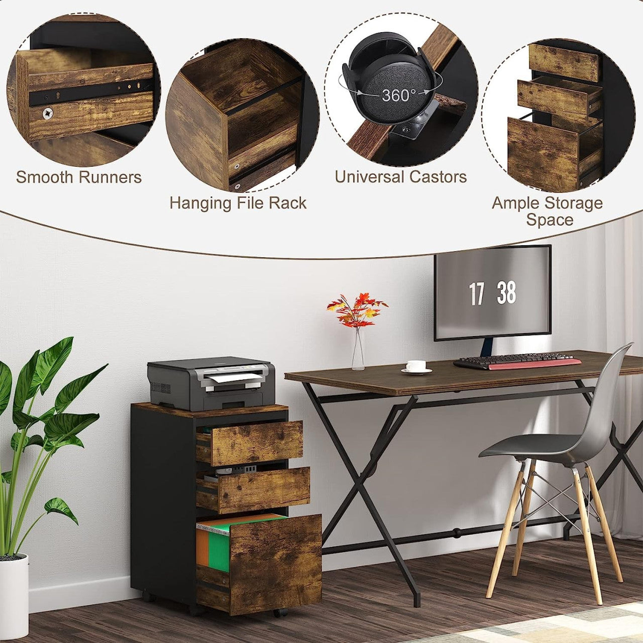 24goodz Rolling Archive Cabinet - Ample Storage Space - Easy to Move - E1 Wood Material - For Home and Office - Dark Oak + Black - hov