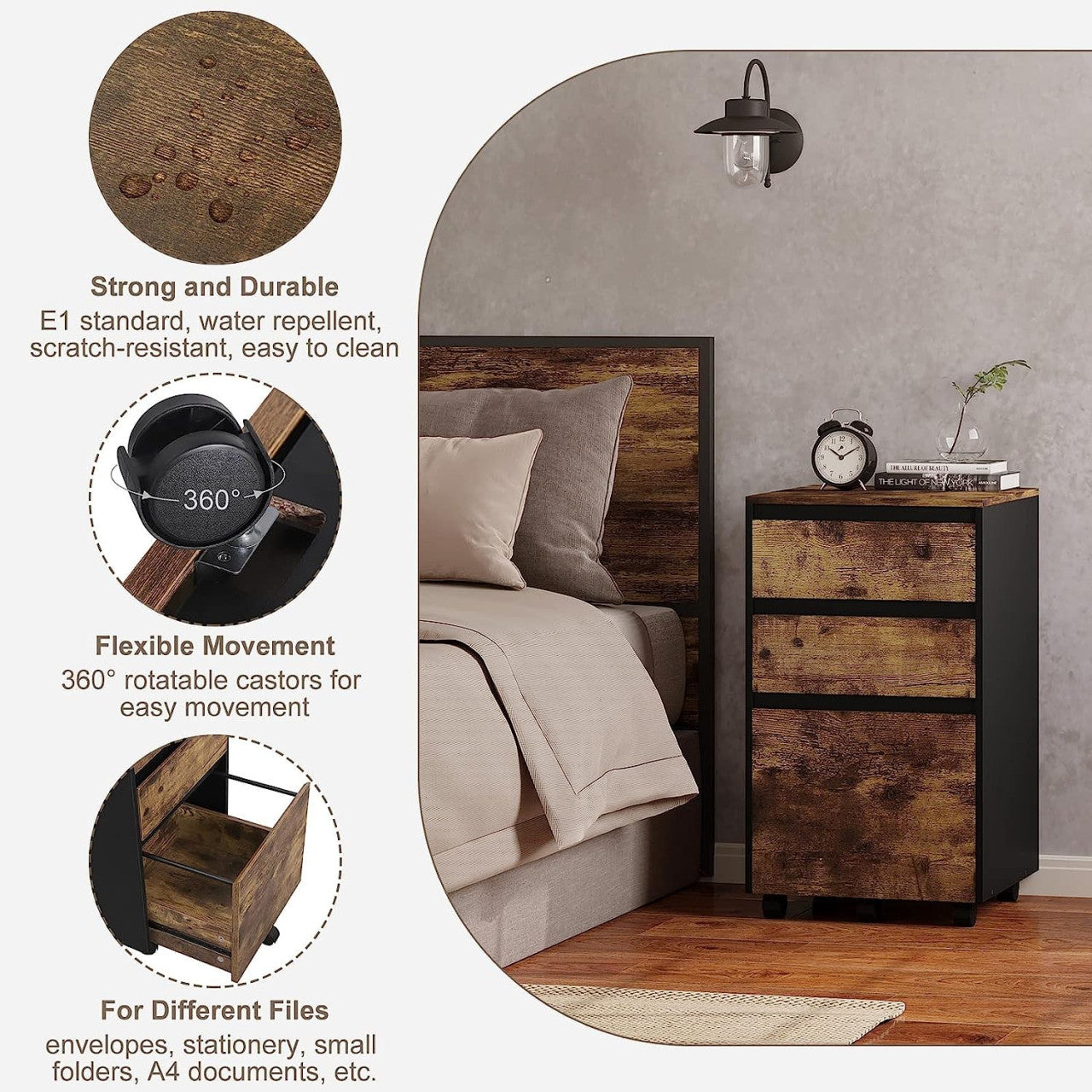 24goodz Rolling Archive Cabinet - Ample Storage Space - Easy to Move - E1 Wood Material - For Home and Office - Dark Oak + Black - hov