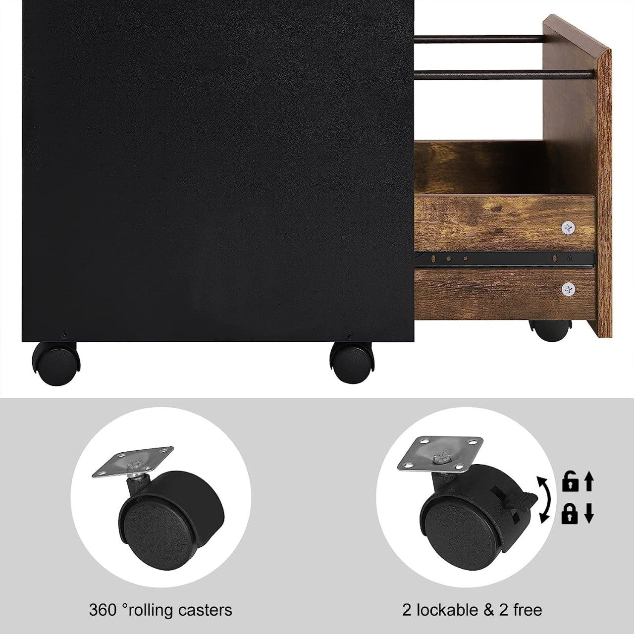 24goodz Rolling Archive Cabinet - Ample Storage Space - Easy to Move - E1 Wood Material - For Home and Office - Dark Oak + Black - hov