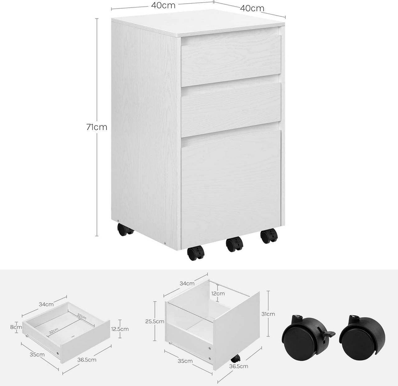 24goodz Mobile Filing Cabinet - Ample Storage Space - Easy to Move - E1 Wood - For Home and Office - White + Black