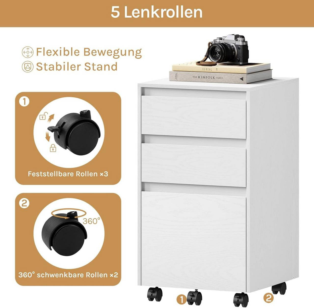 24goodz Mobile Filing Cabinet - Ample Storage Space - Easy to Move - E1 Wood - For Home and Office - White + Black