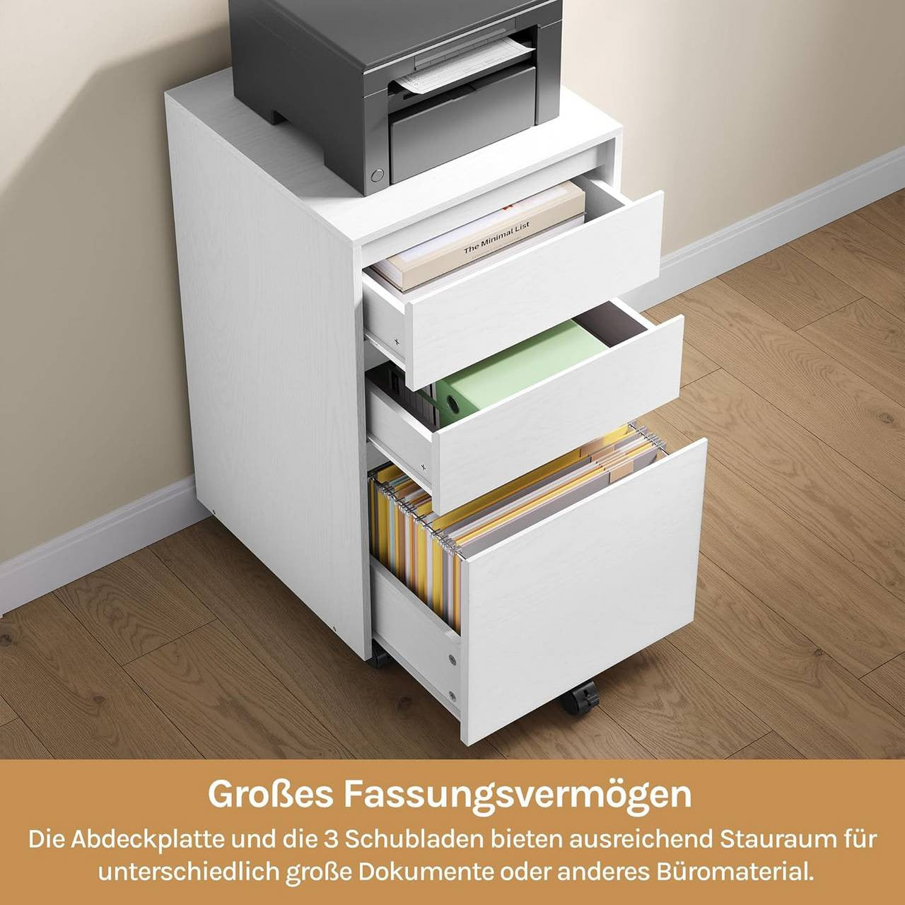 24goodz Mobile Filing Cabinet - Ample Storage Space - Easy to Move - E1 Wood - For Home and Office - White + Black