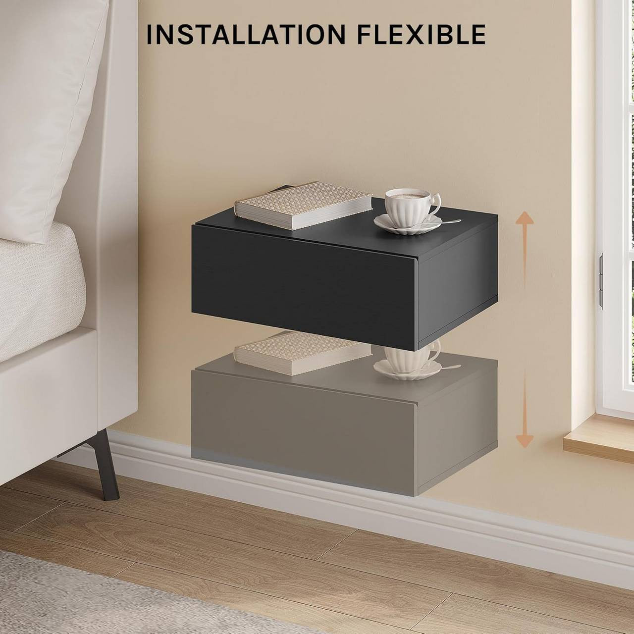 24goodz Set of 2 Floating Nightstands - Space-Saving Design - Durable MDF - For Bedroom or Living Room - Black - 40 x 30 x 14 cm
